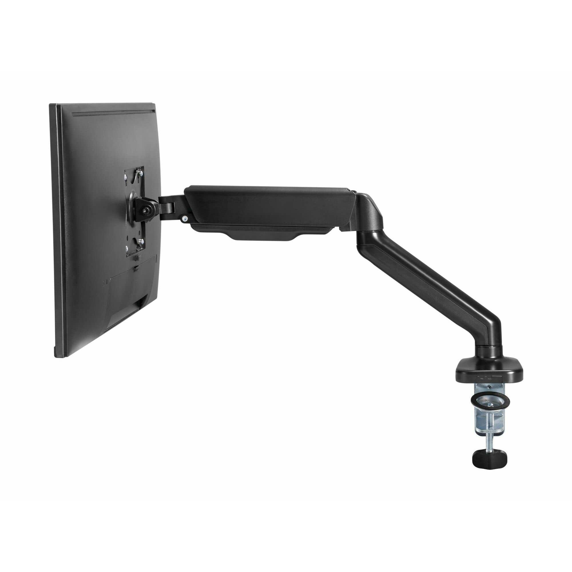 A black monitor arm with a clamp base on a white background.