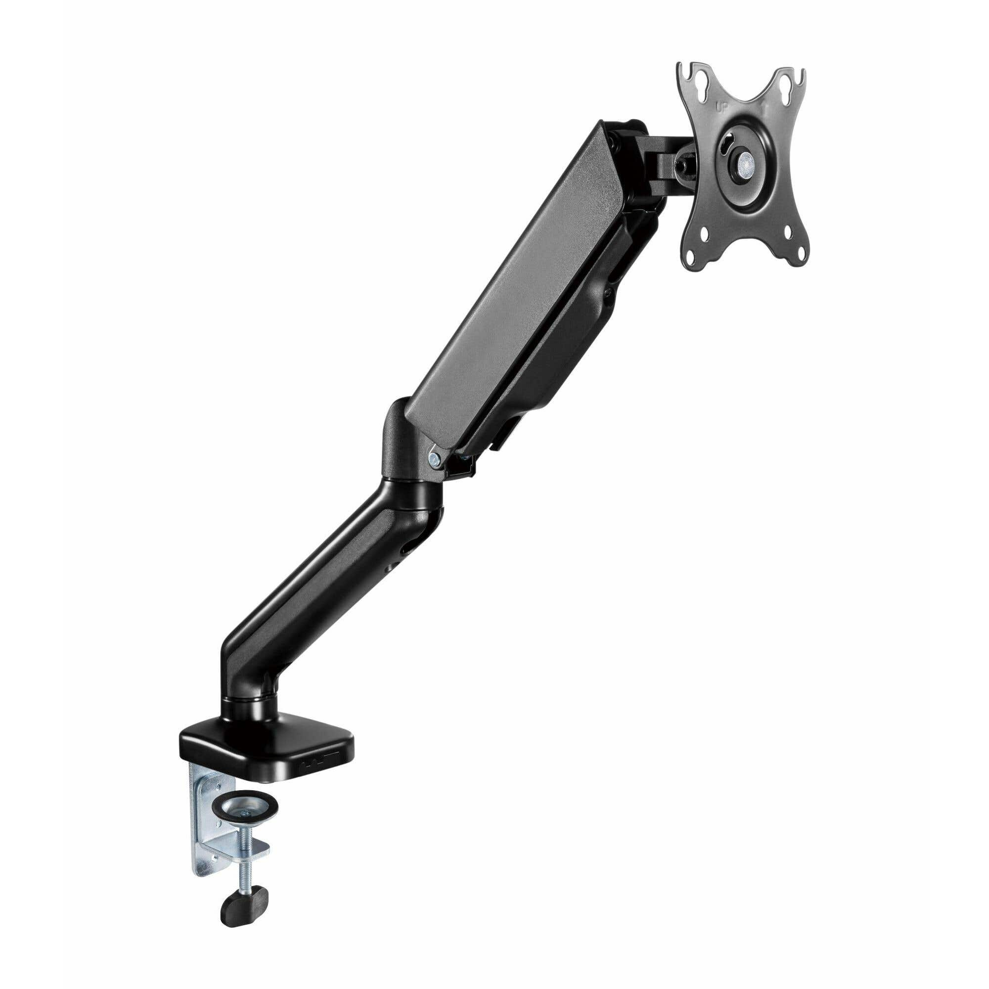 A black monitor arm with a clamp base on a white background.