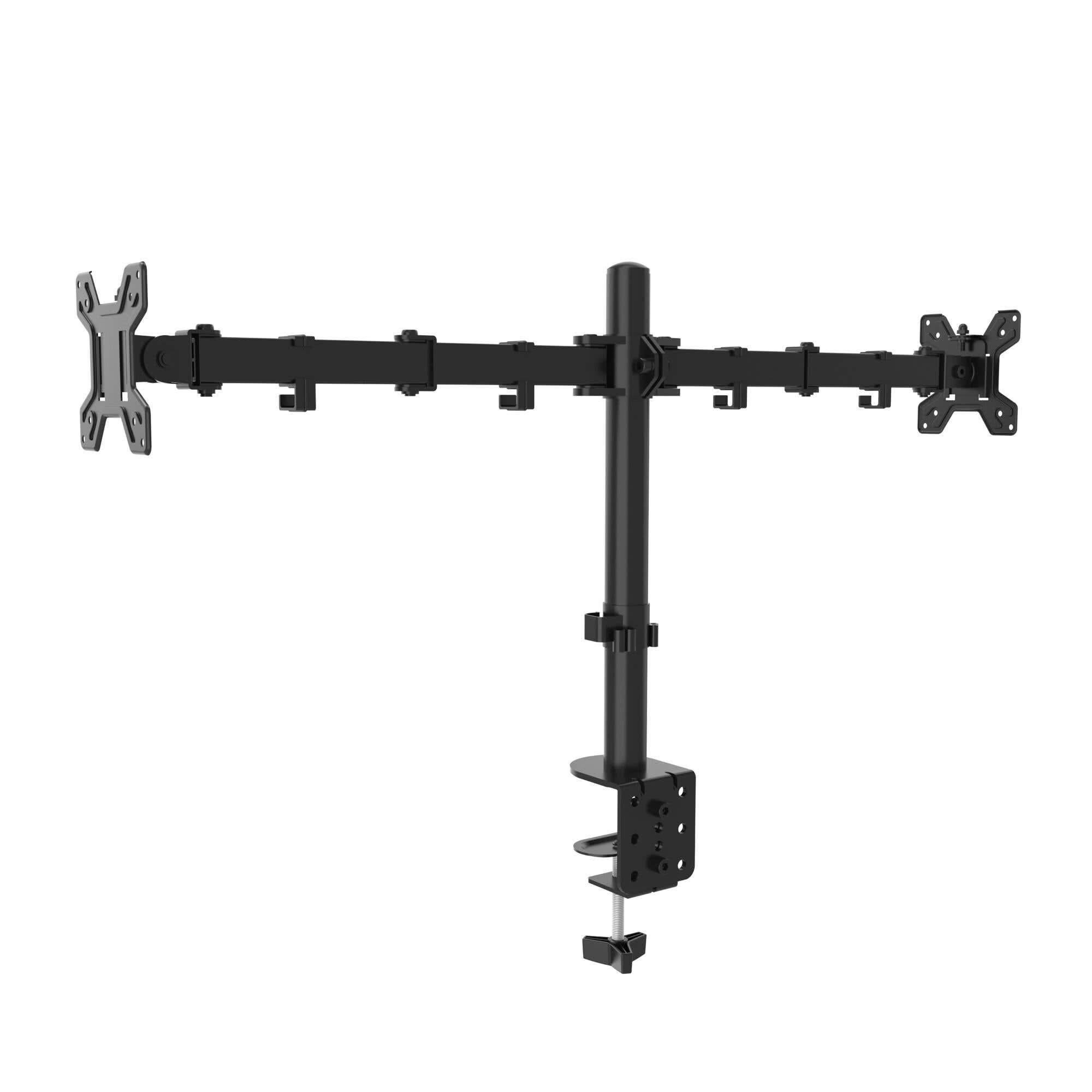 Soporte de escritorio negro para dos monitores con base de abrazadera.