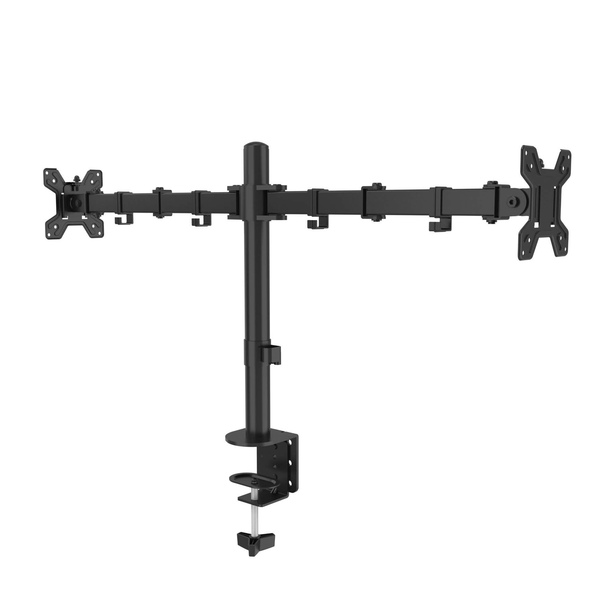 Brazo doble para monitor negro con abrazadera de escritorio