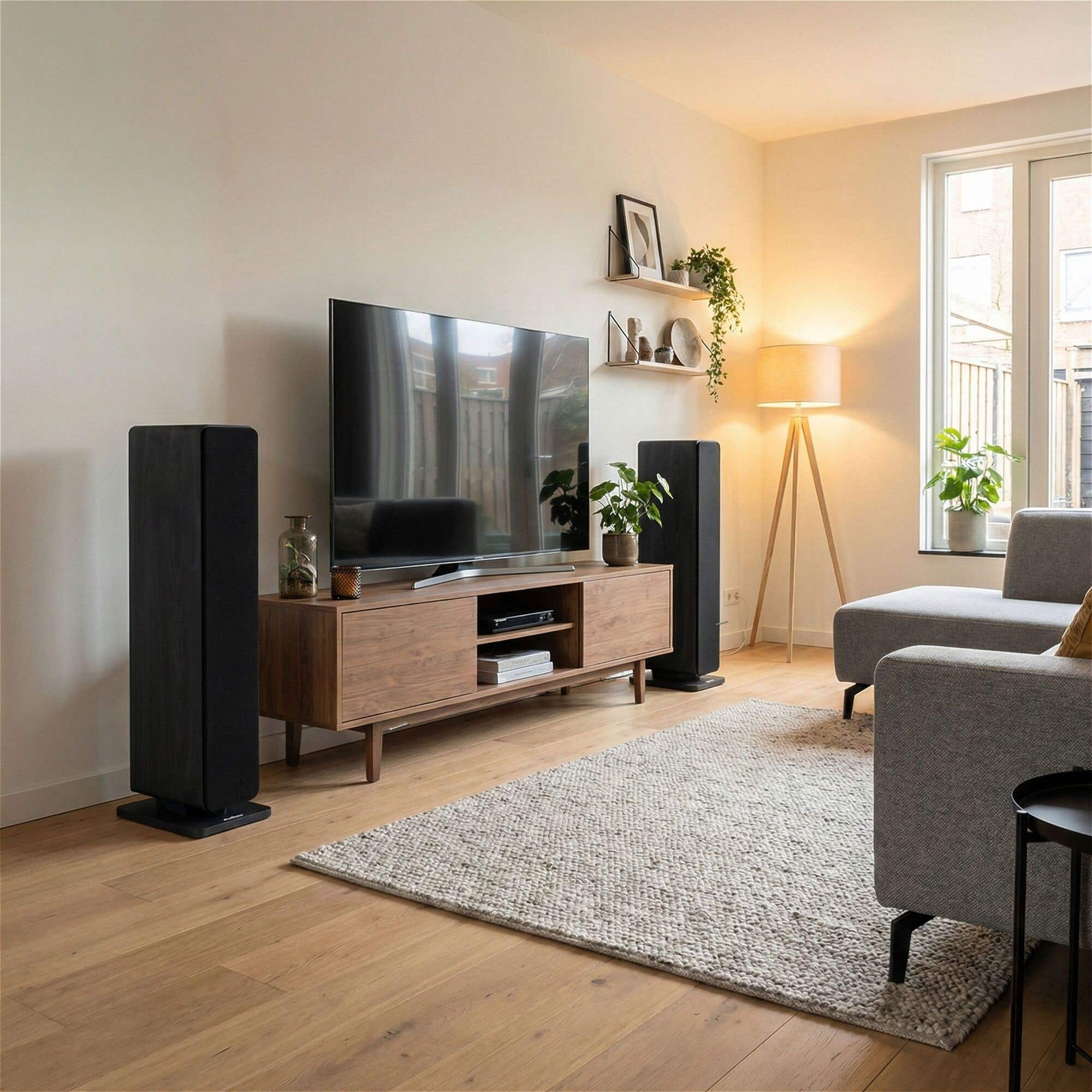 Una sala de estar con TV, muebles de madera, dos altavoces negros y un sofá.