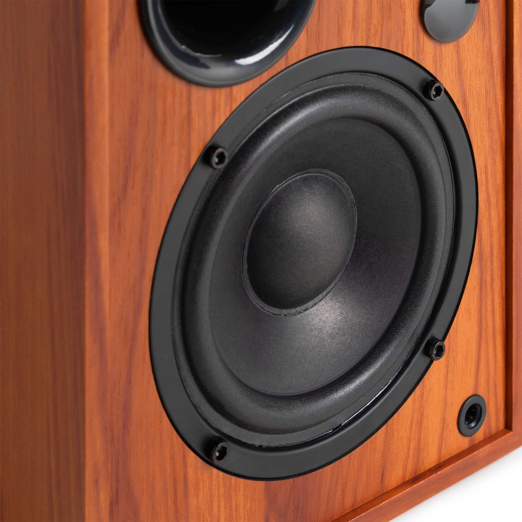 Primer plano de un altavoz de madera marrón con cono y borde negros.