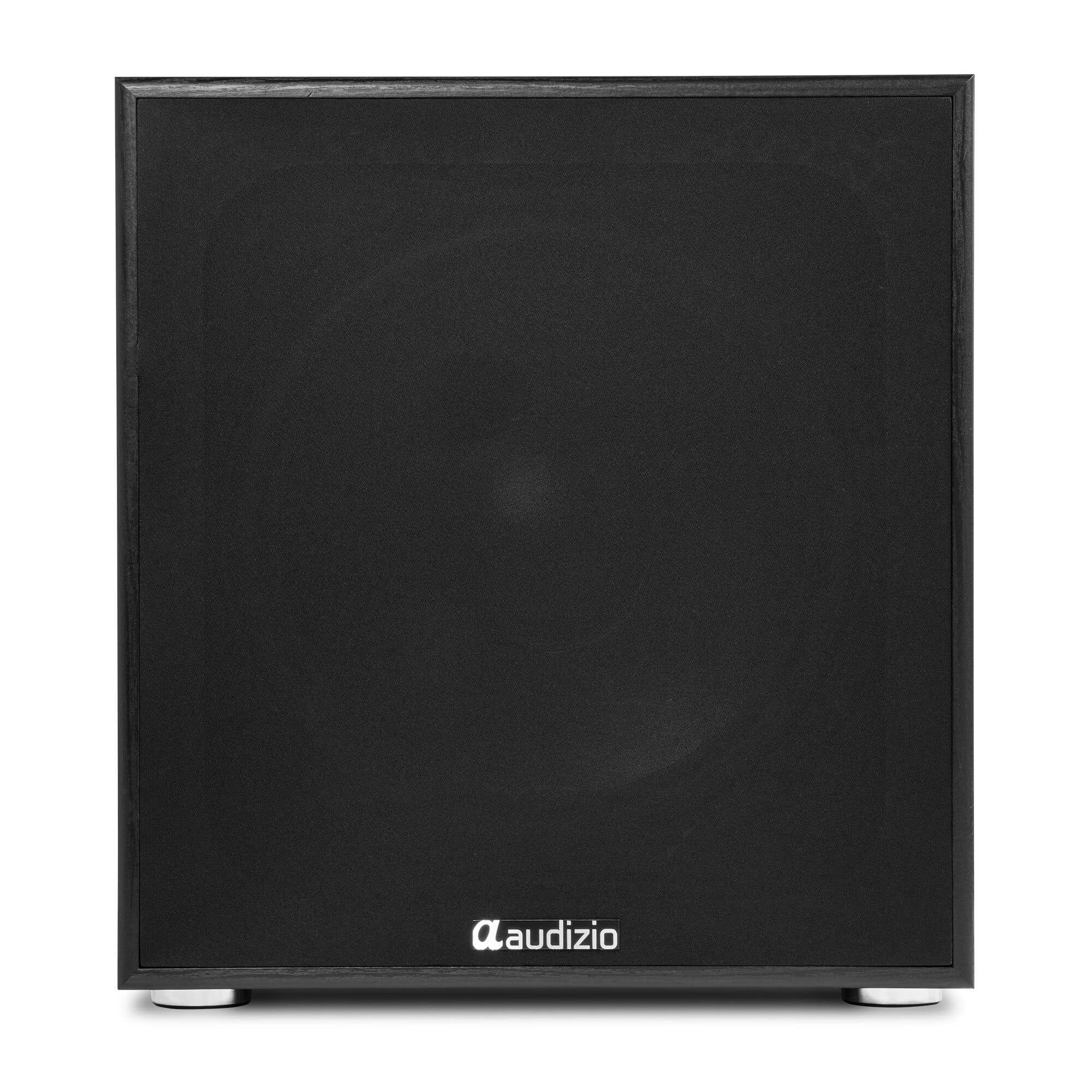 Subwoofer negro con rejilla de tela y pies plateados.