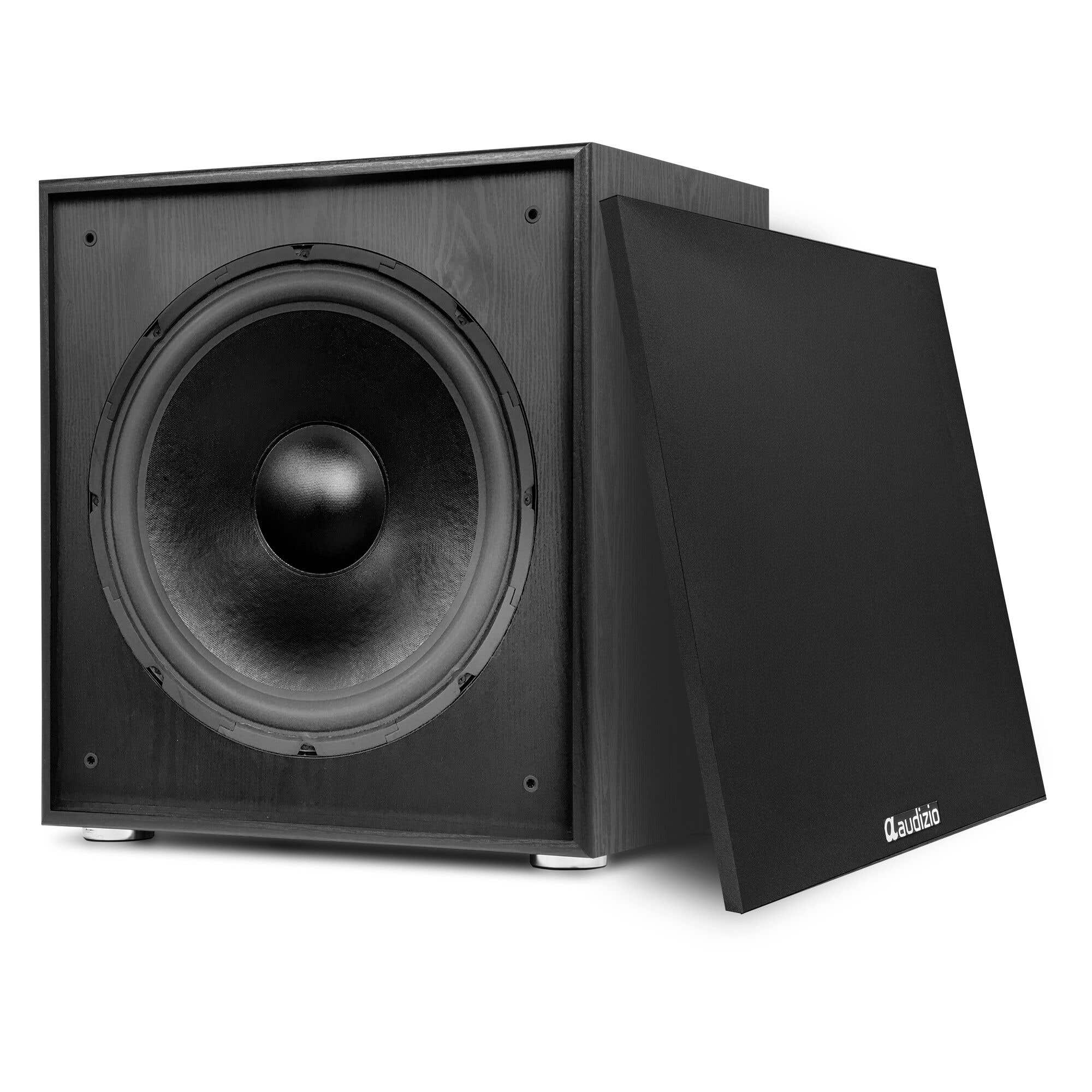 Subwoofer negro con caja de madera y cubierta extra&iacute;ble.
