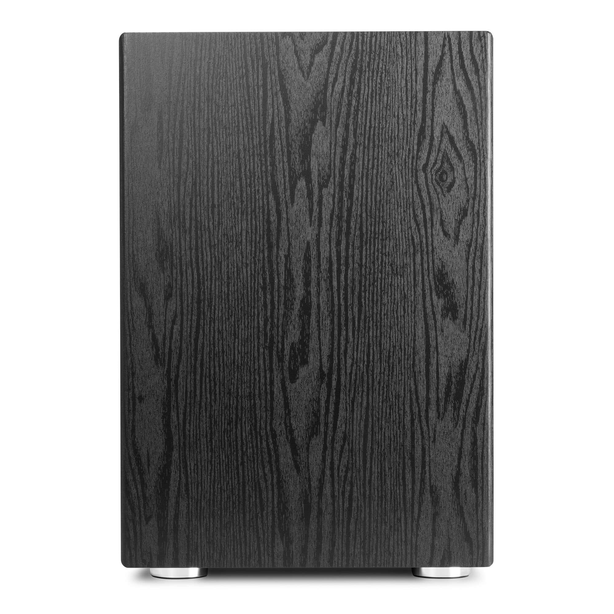 Altavoz de madera negra con vetas y pies plateados.