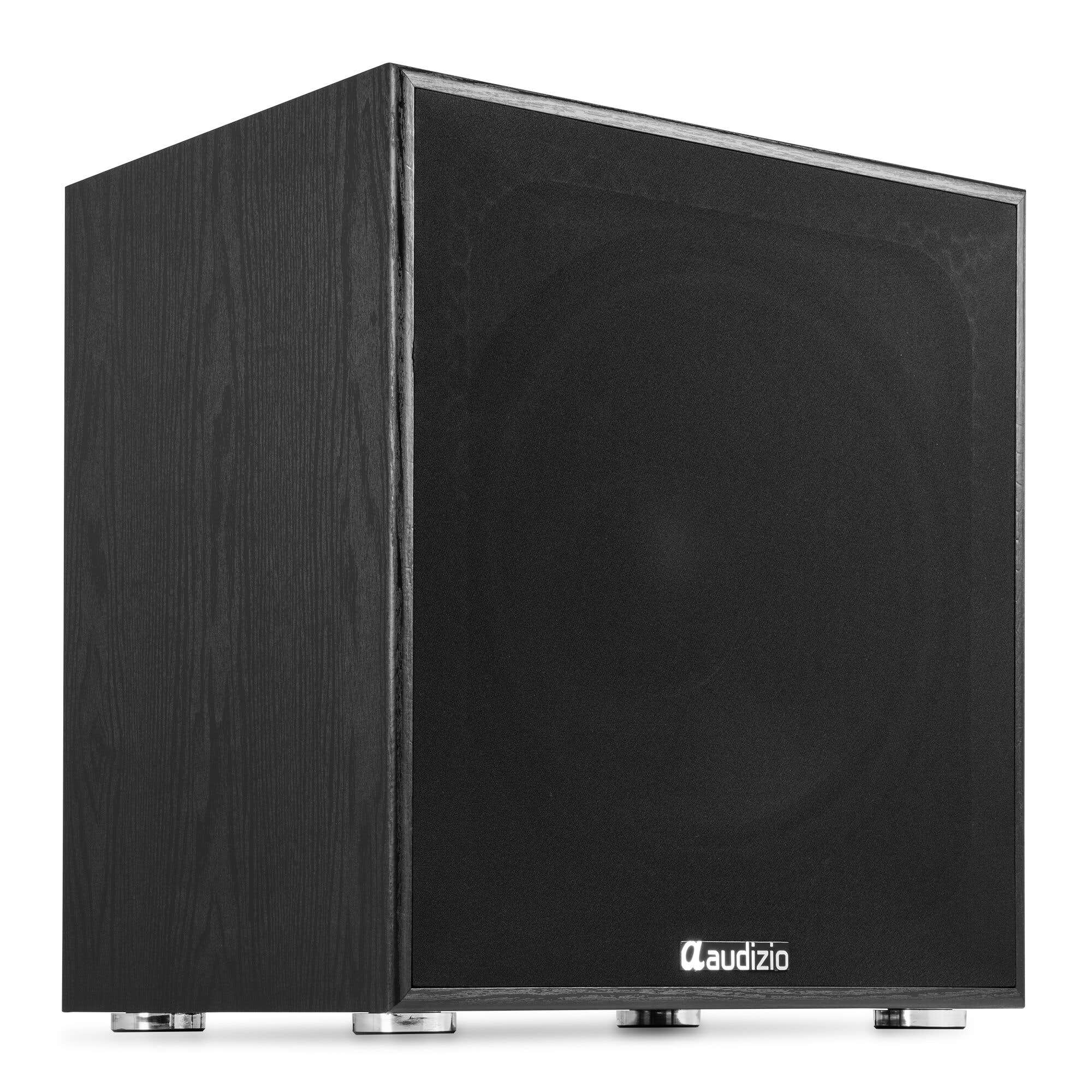 Subwoofer negro con acabado de veta de madera y frontal de tela con logo Audizio.
