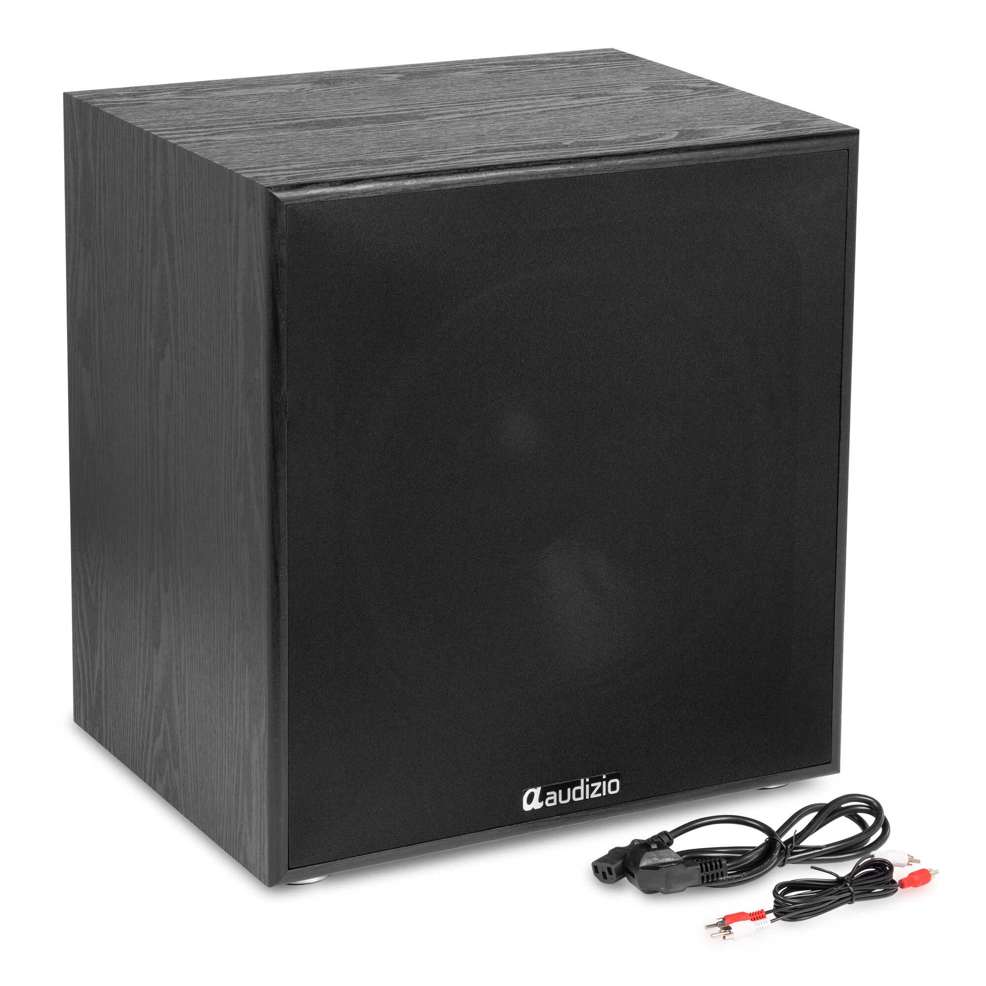 Subwoofer negro con logo Audiovox y cables al lado.