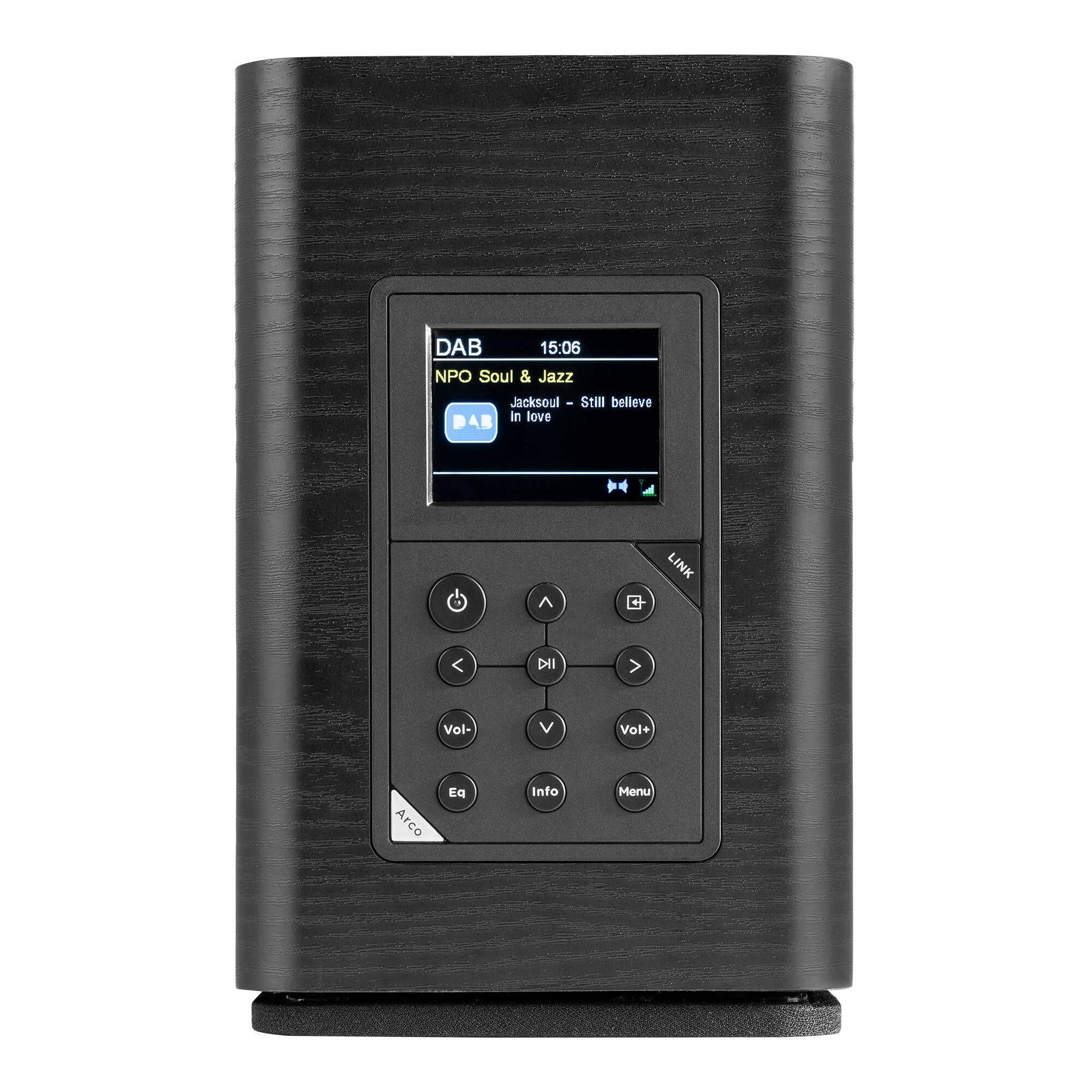 Una radio DAB negra con pantalla y botones de control.