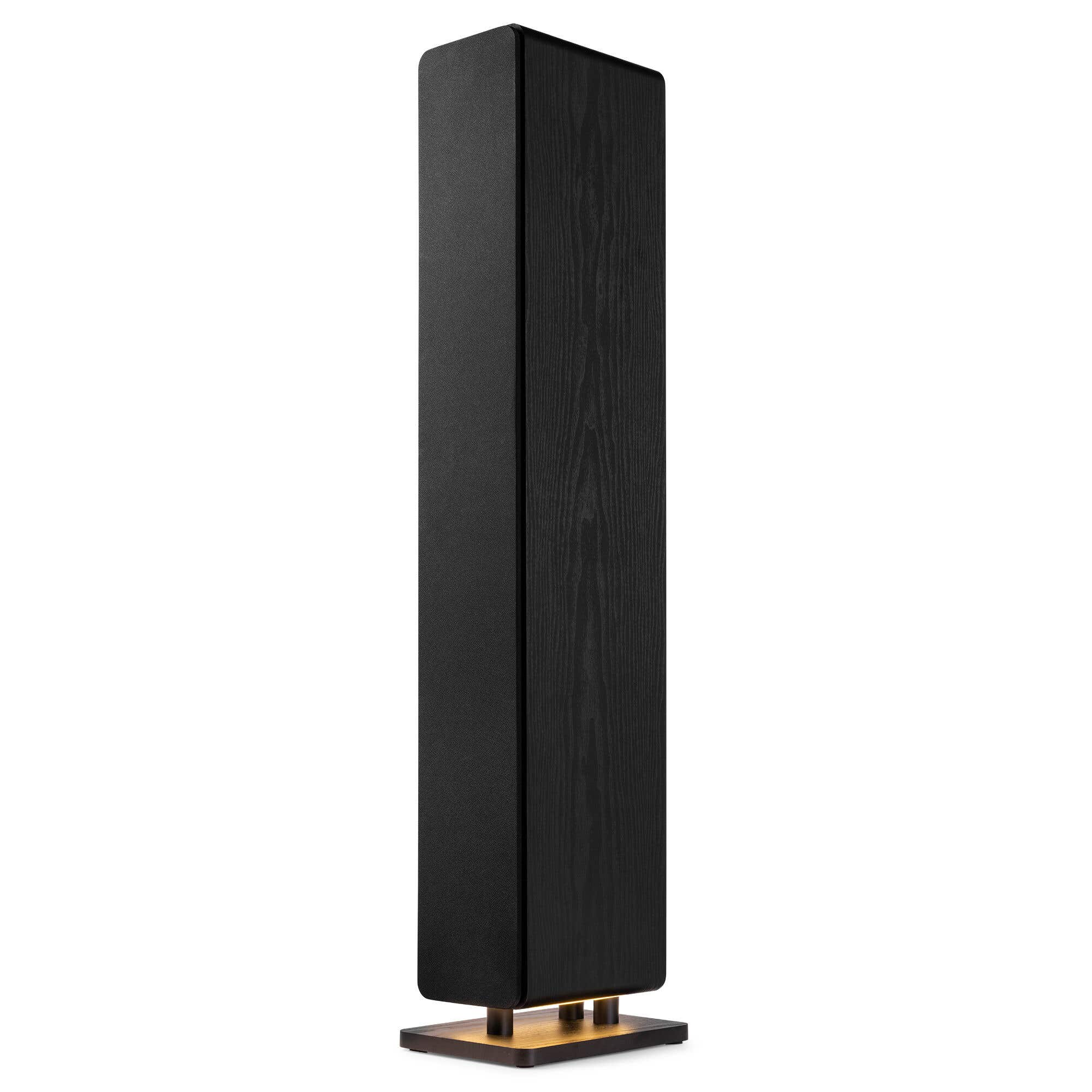 Altavoz de madera negro con base metálica, aislado sobre fondo blanco.
