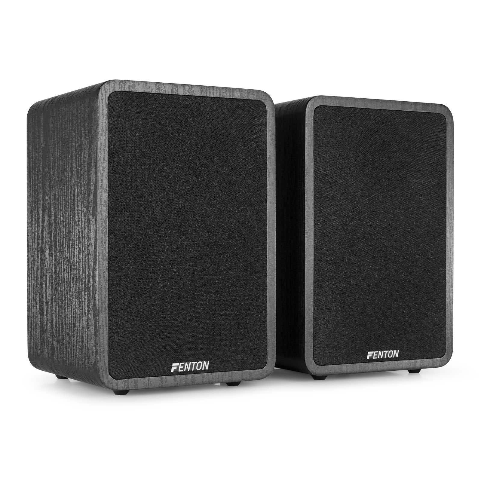 Dos altavoces negros de grano de madera con logo FENTON sobre fondo blanco.
