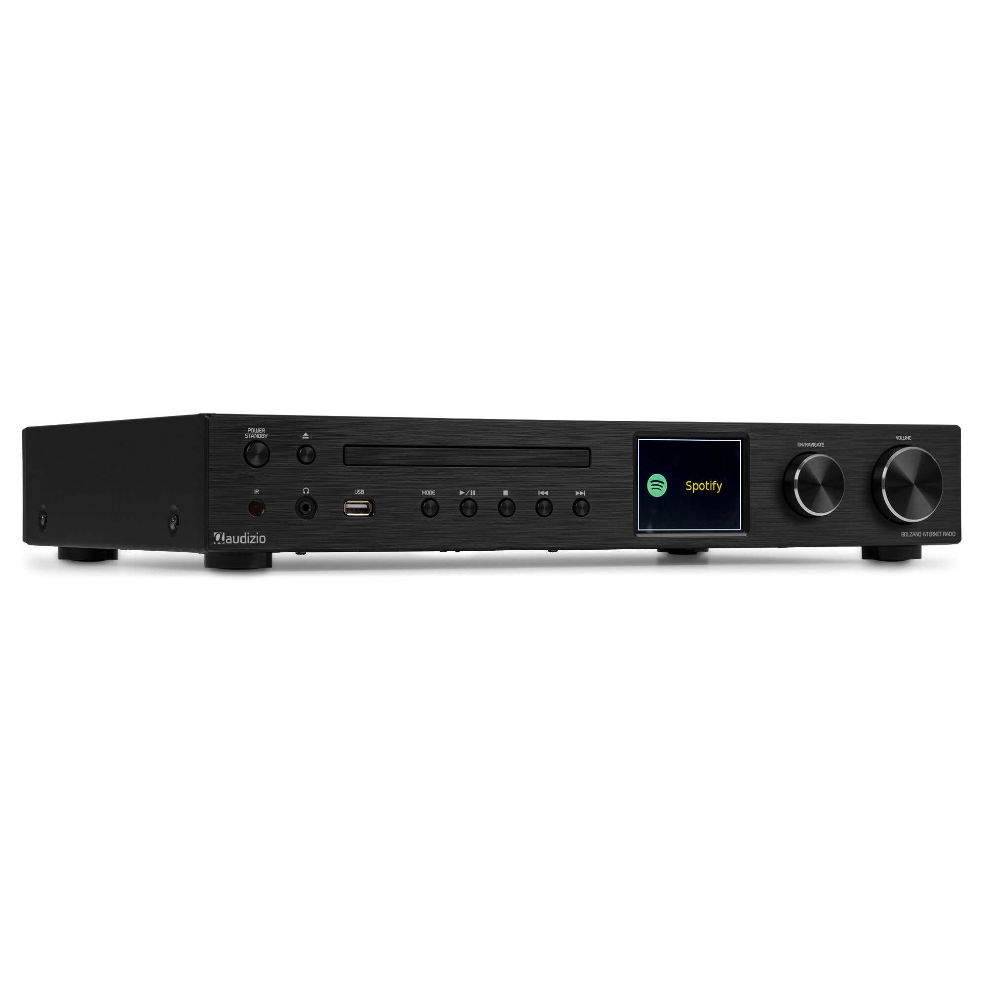 Receptor CD negro con pantalla que muestra Spotify.