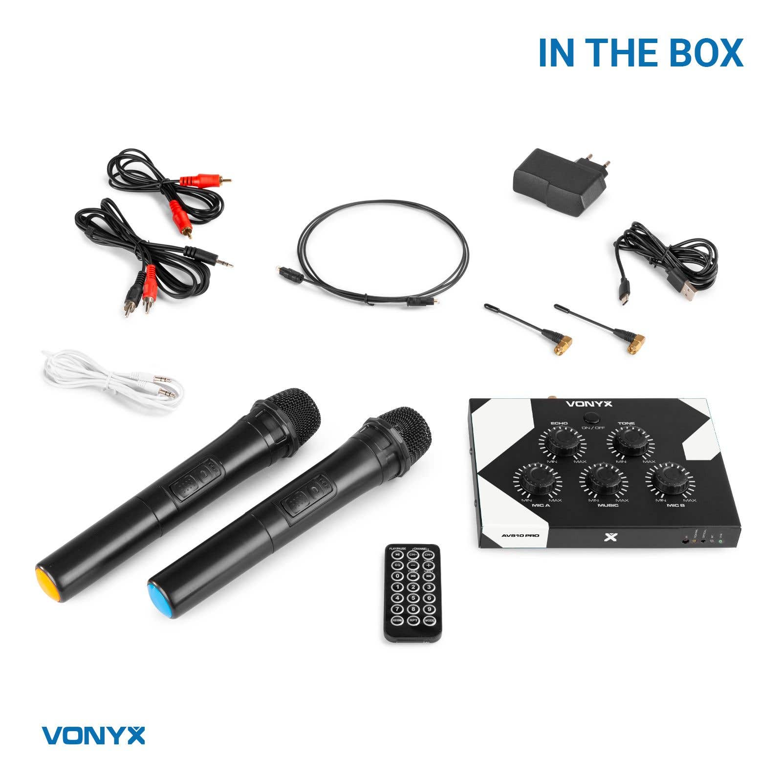 Mezclador de audio Vonyx, dos micrófonos, cables, adaptador de corriente, control remoto.