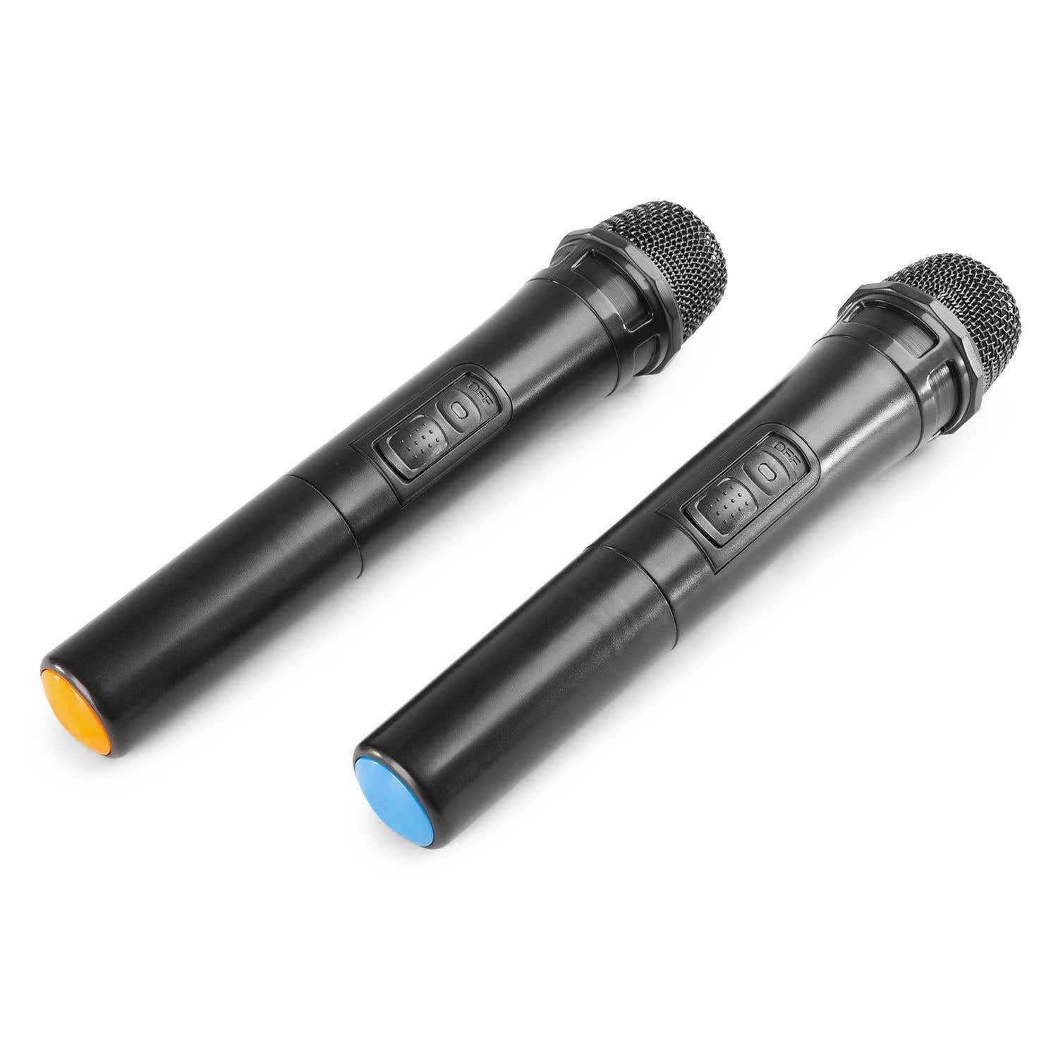 Dos micrófonos negros con detalles naranjas y azules sobre fondo blanco.