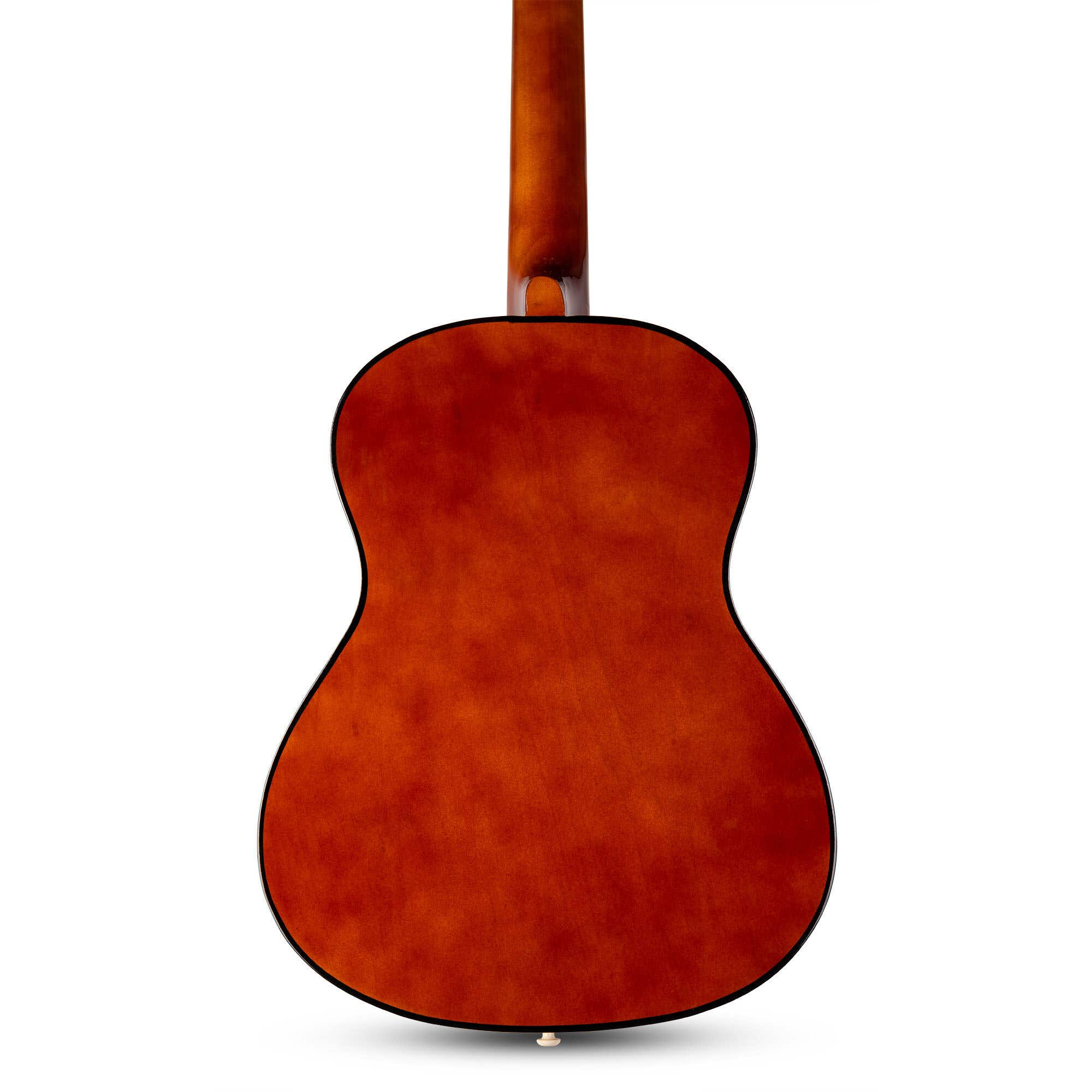 Achterkant van een bruine akoestische gitaar op witte achtergrond.