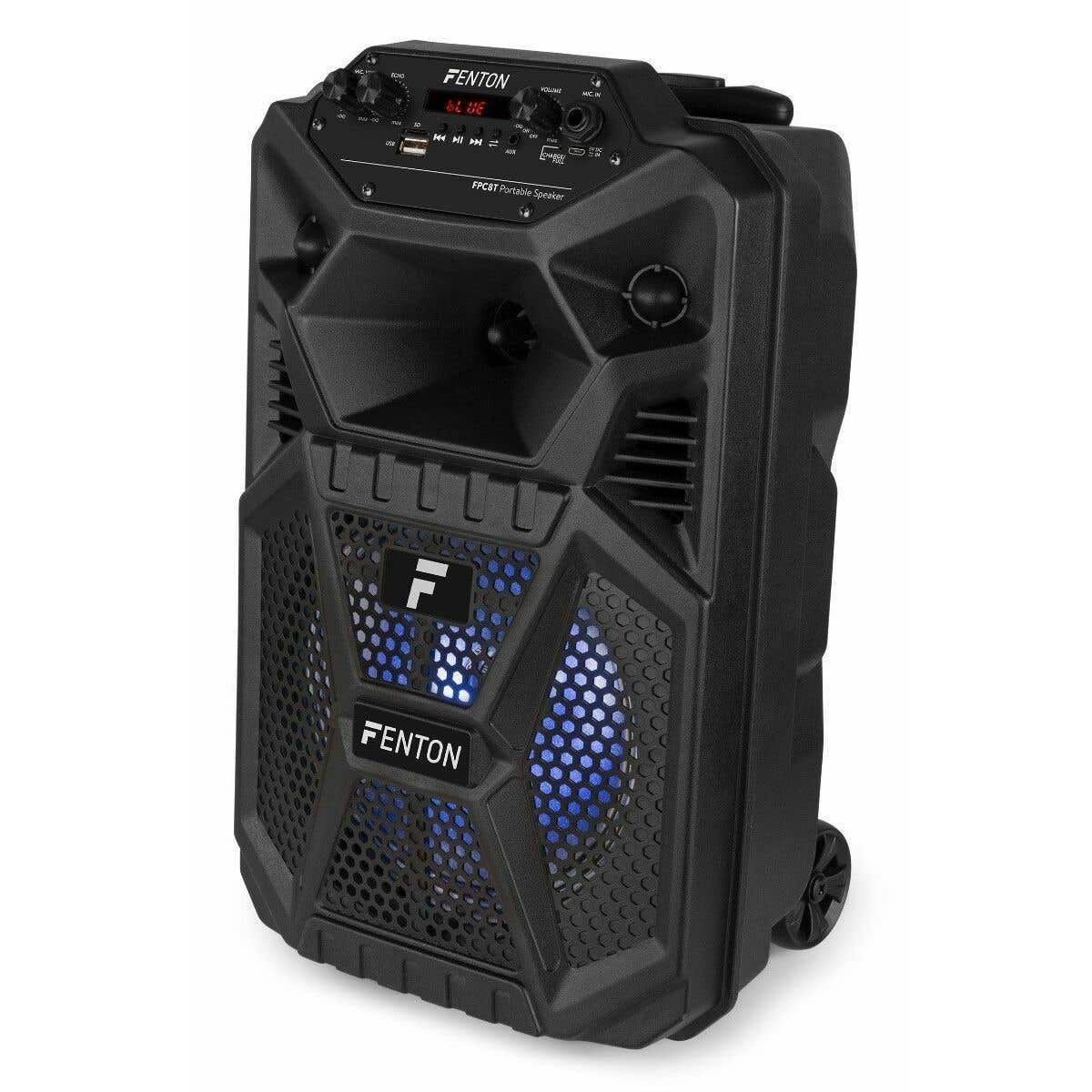 Altavoz portátil Fenton negro con ruedas y luces azules.