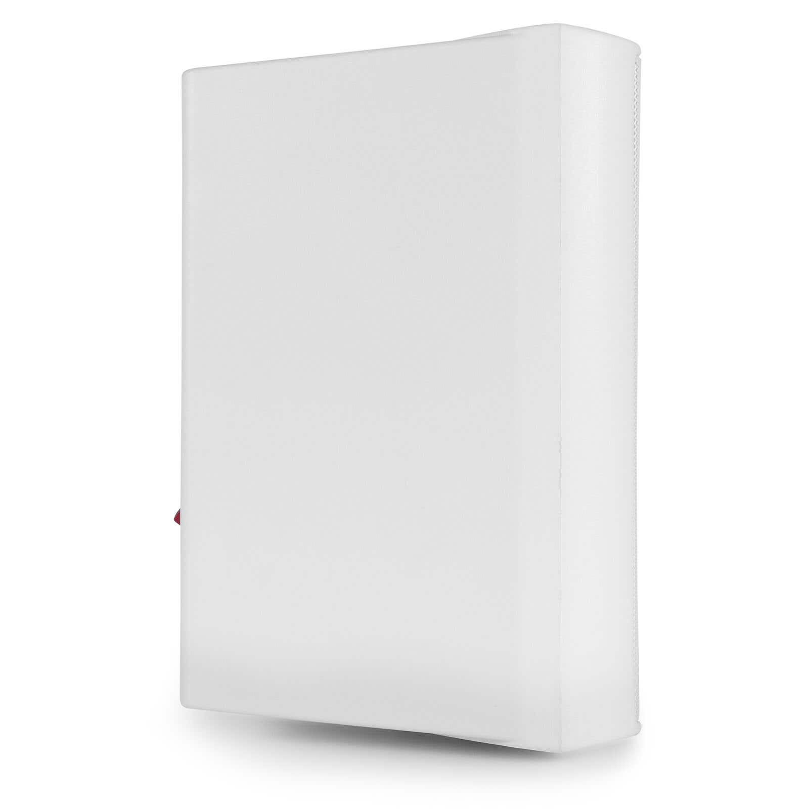 Un objeto rectangular blanco con un pequeño acento rojo en su lado izquierdo.