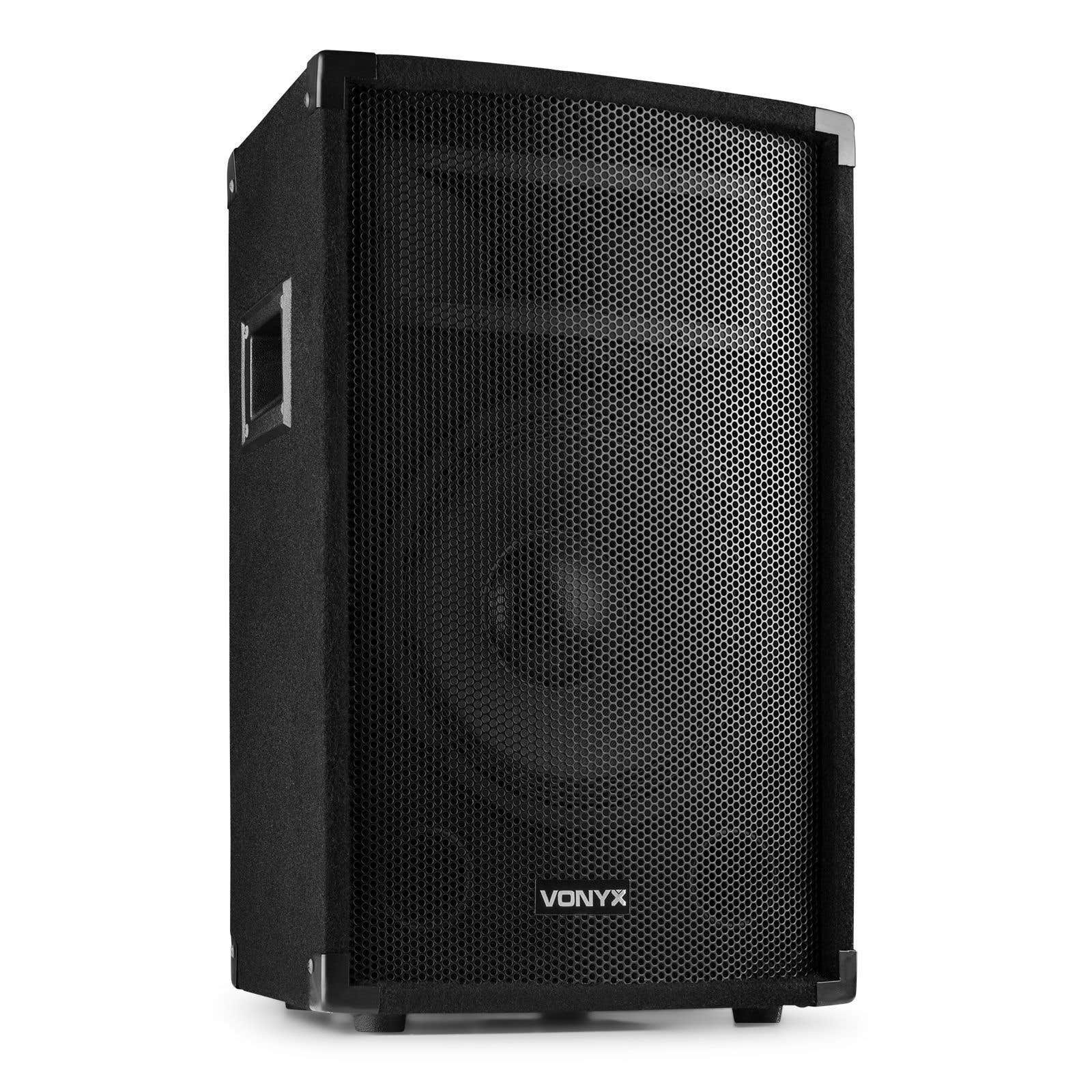 Altavoz Vonyx negro con rejilla de malla hexagonal y asa lateral.