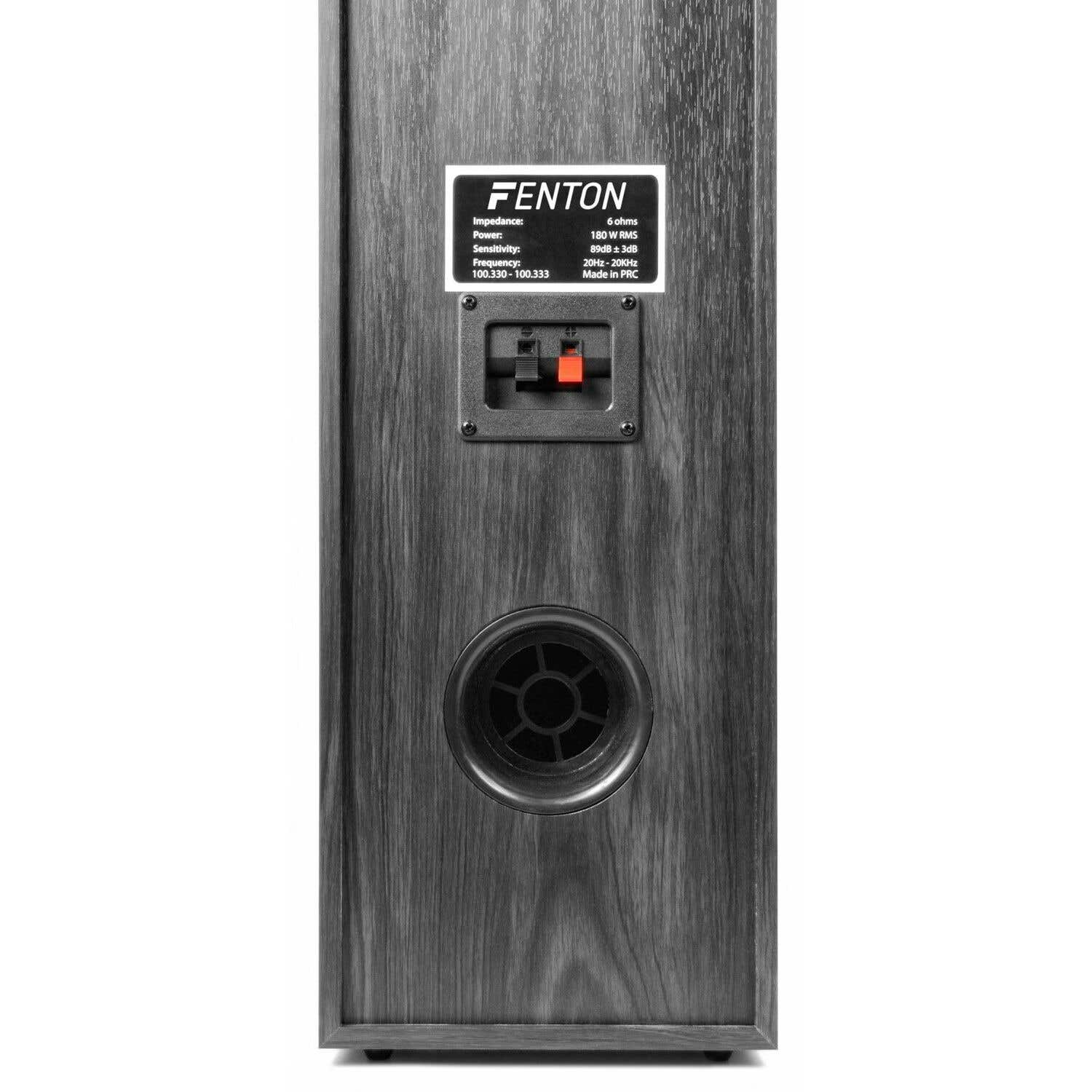 Parte trasera de un altavoz gris con logo Fenton y especificaciones técnicas.