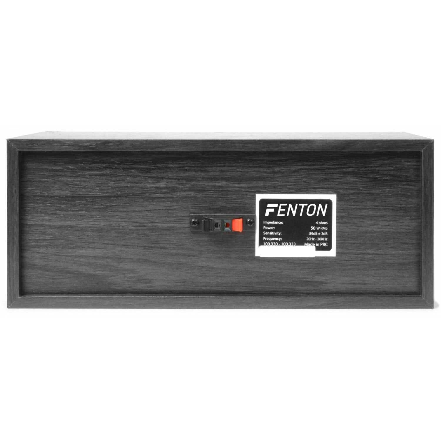 Parte trasera de una caja de altavoz gris con etiqueta Fenton.