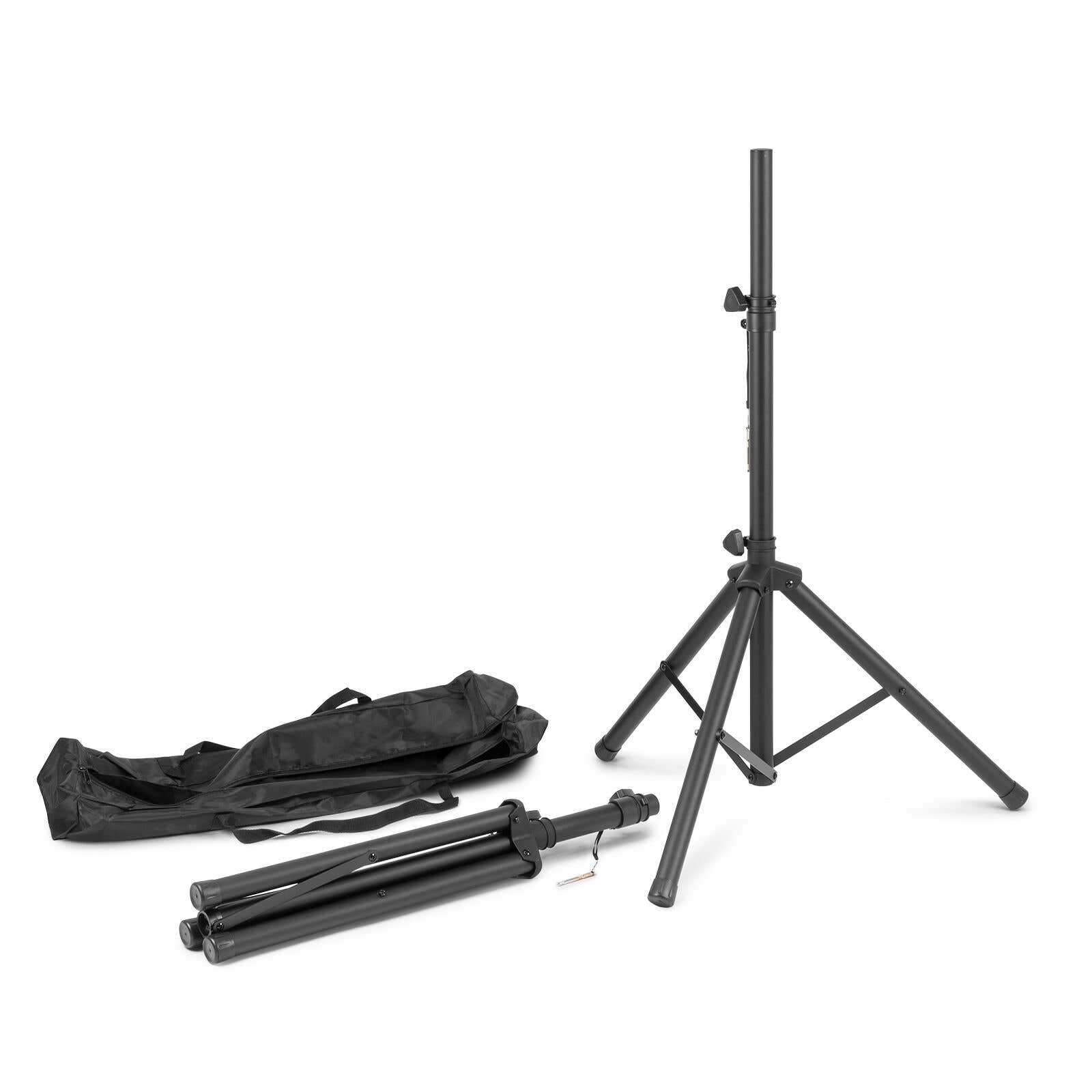 Un soporte de altavoz negro con bolsa y soporte plegado.