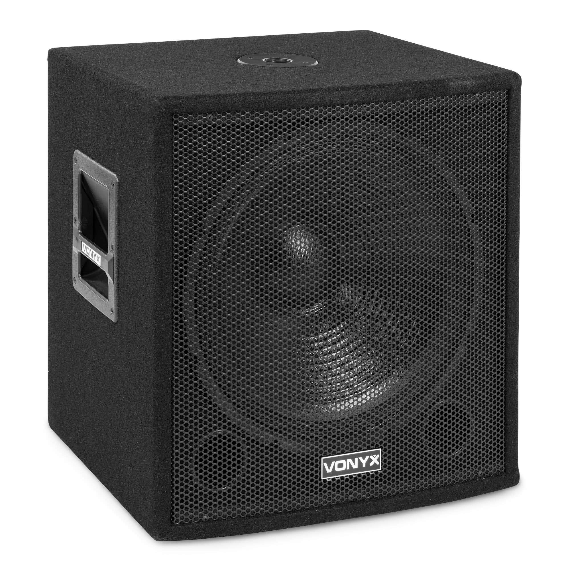 Subwoofer negro con rejilla frontal y logo Vonyx, asa a la izquierda.