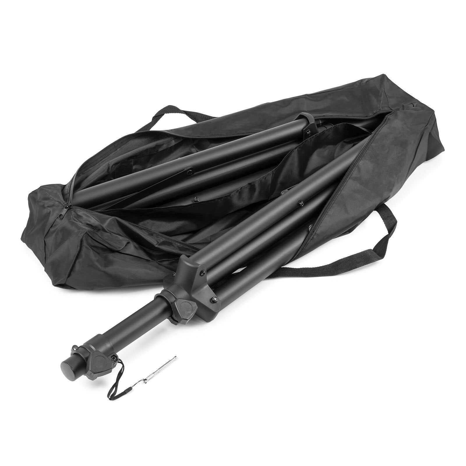 Una bolsa de transporte negra con un trípode negro dentro.