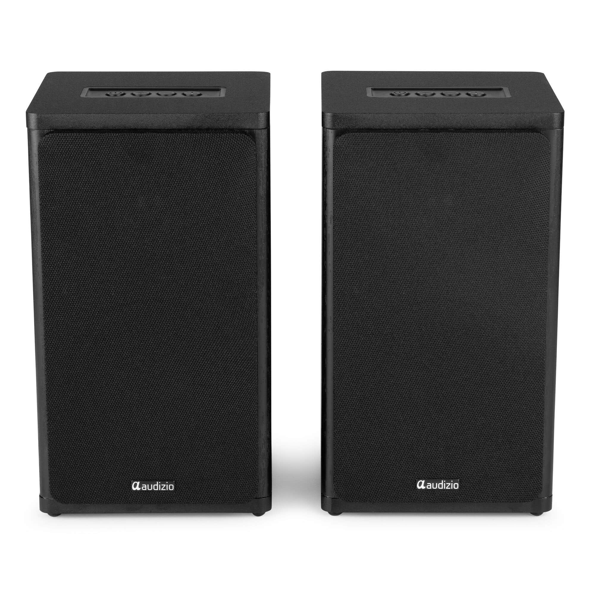 Dos altavoces negros uno al lado del otro con controles arriba.