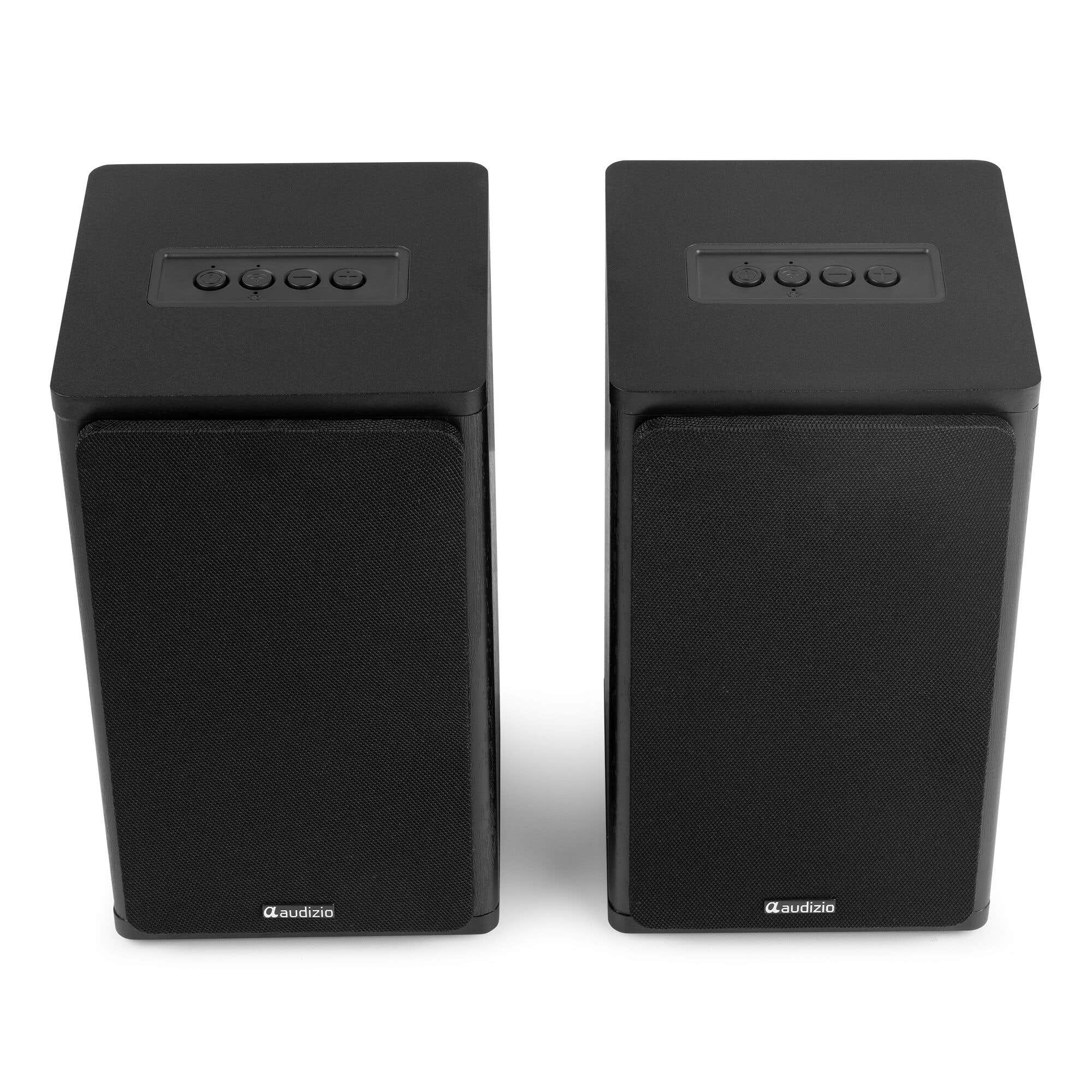 Dos altavoces negros con botones de control arriba.