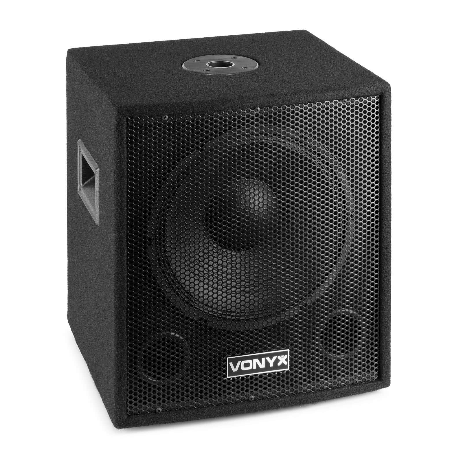 Subwoofer negro con logo VONYX, rejilla metálica y asas.