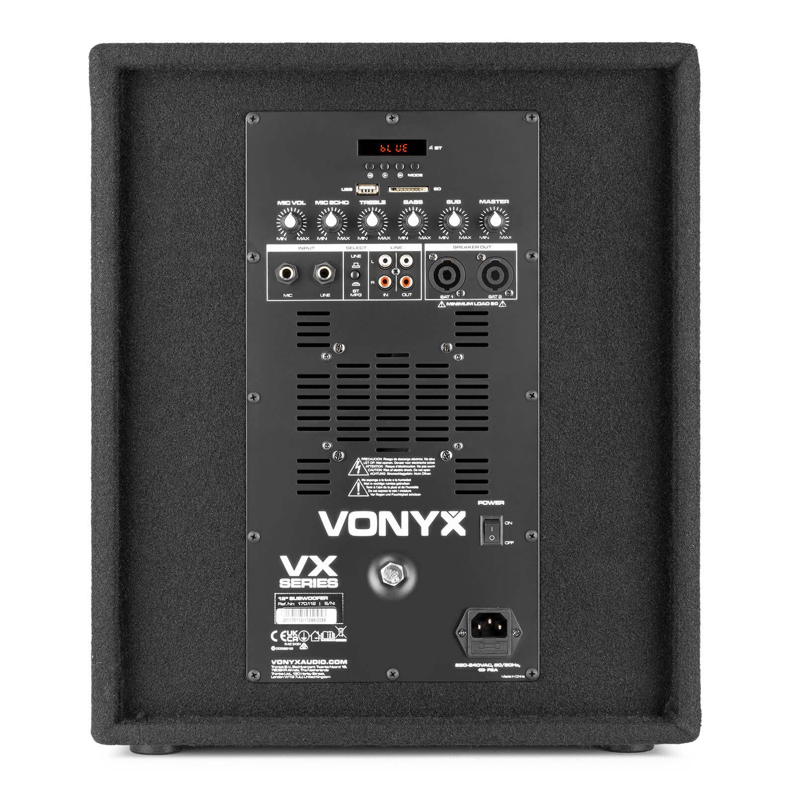 Panel trasero de un subwoofer Vonyx VX Series negro de 12 pulgadas con conexiones y controles.