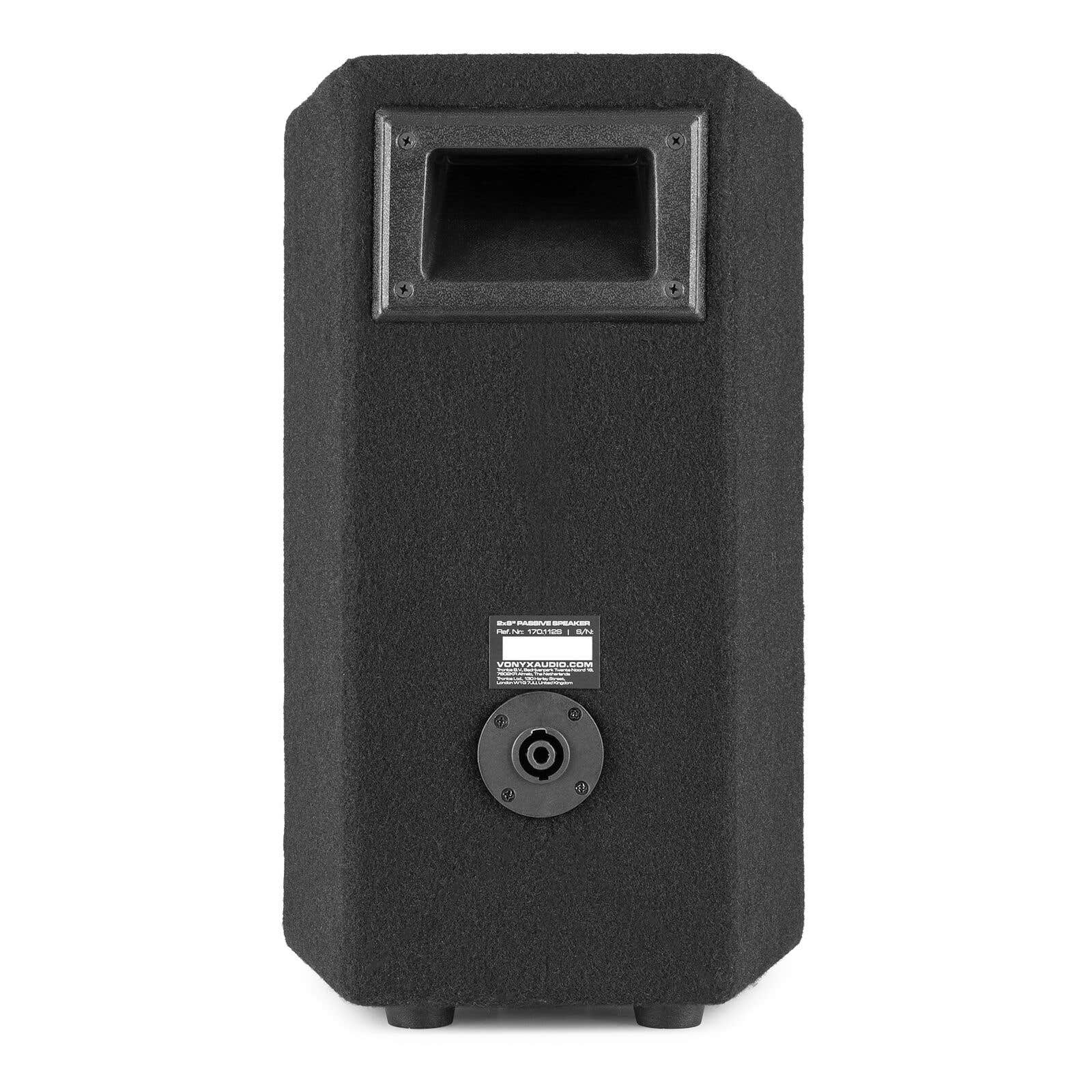 Altavoz negro con asa arriba y conector abajo.