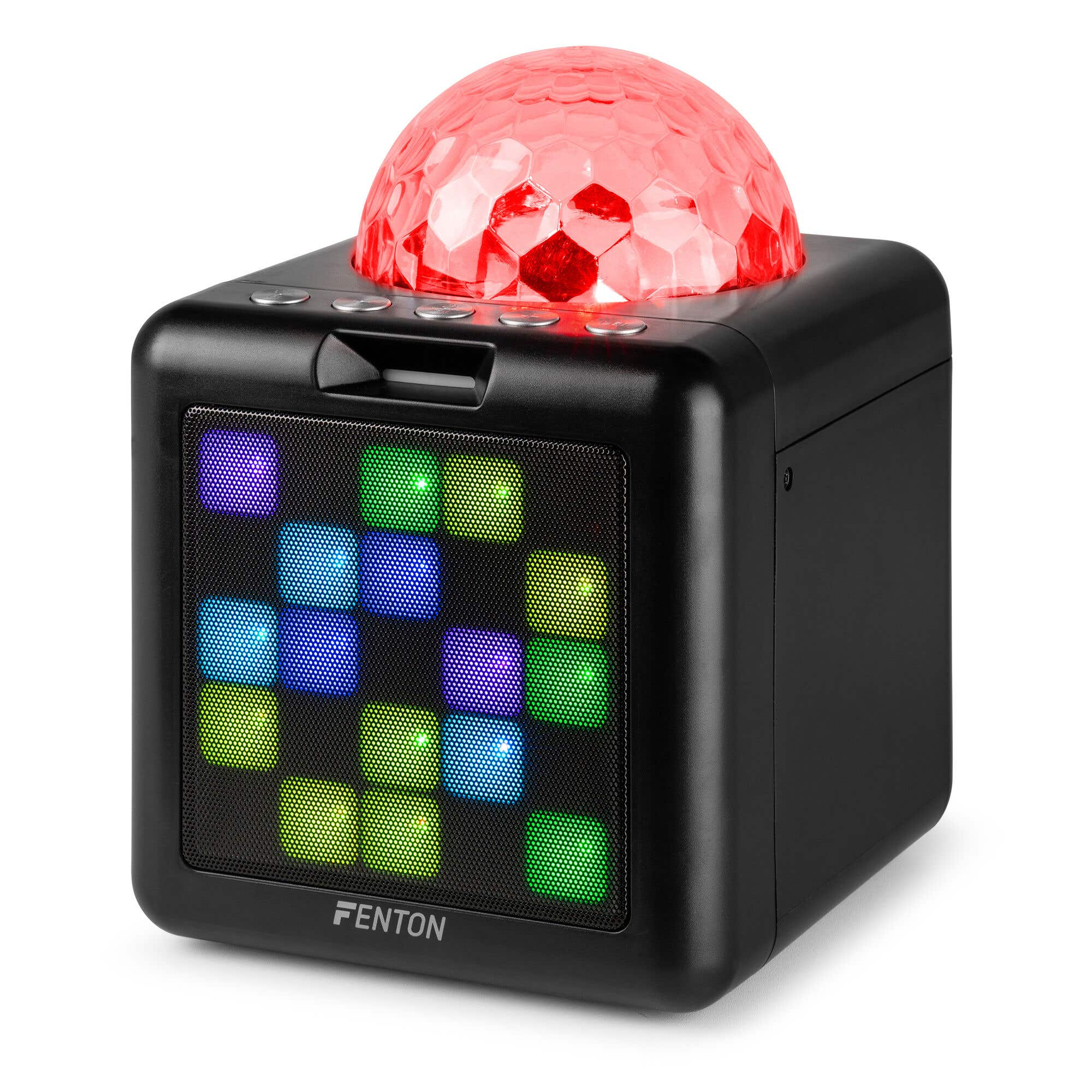 Altavoz cúbico negro con luz de bola de discoteca roja y luces de colores.