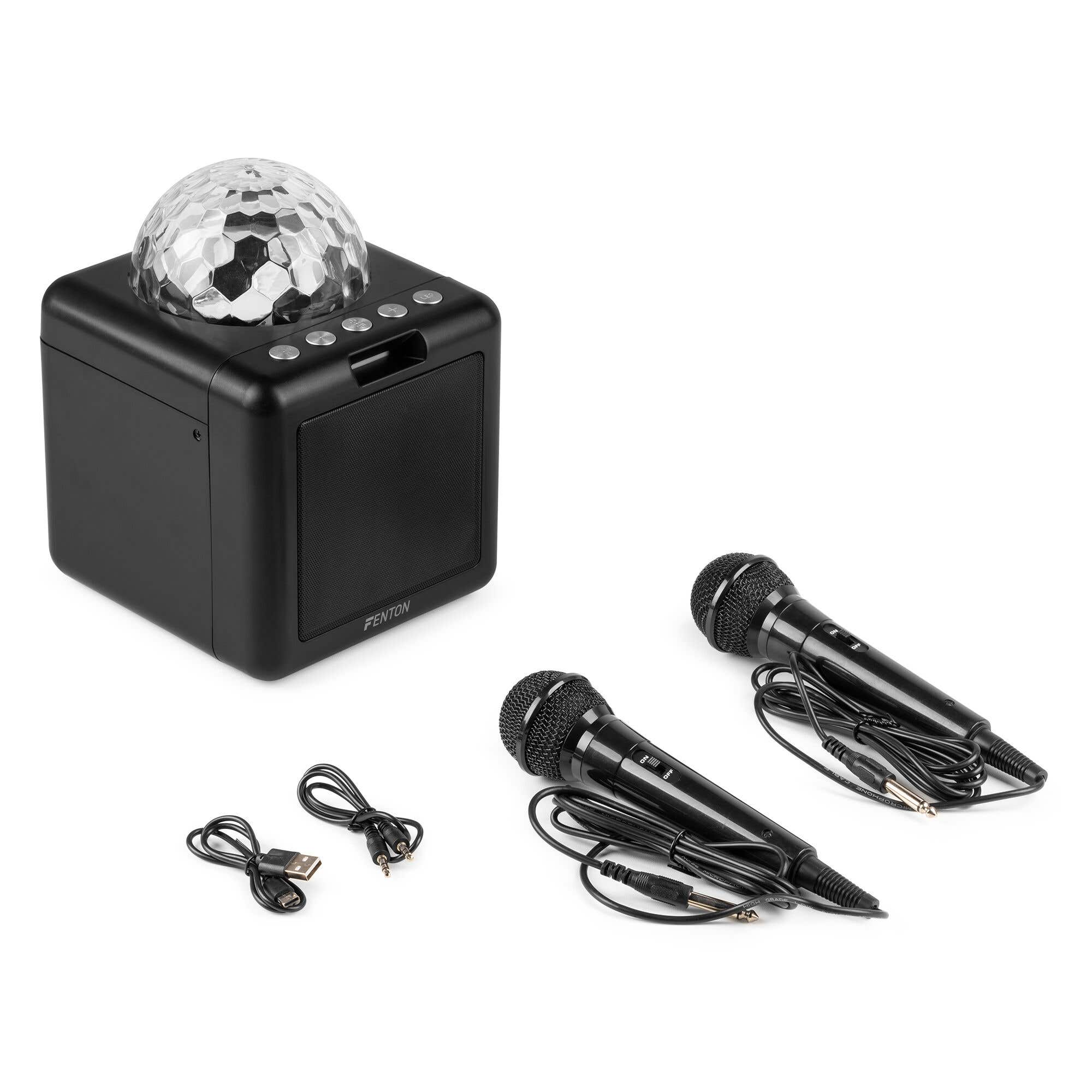 Altavoz negro con bola de discoteca, dos micrófonos y cables.
