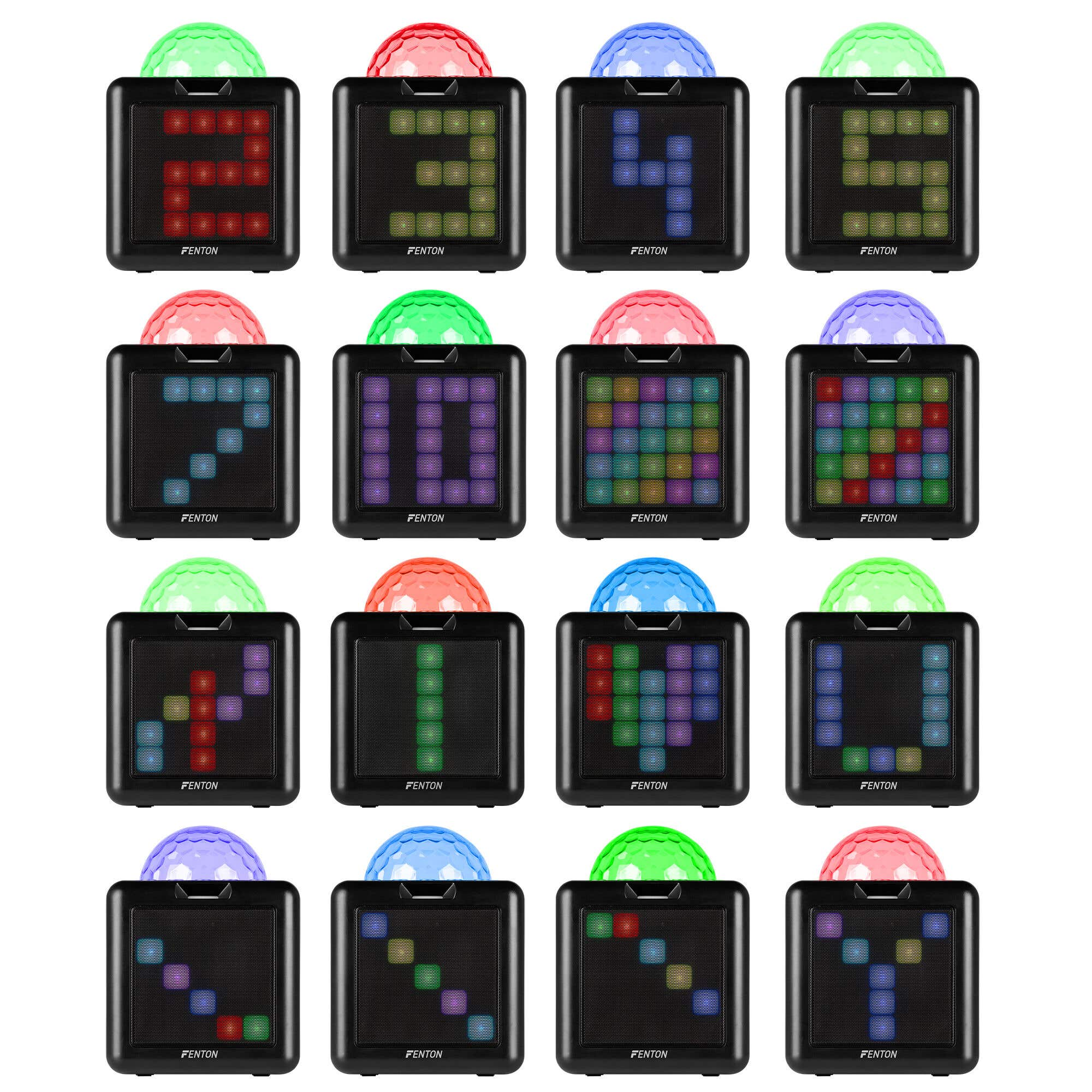 16 altavoces negros con pantallas LED coloridas y luces giratorias encima.