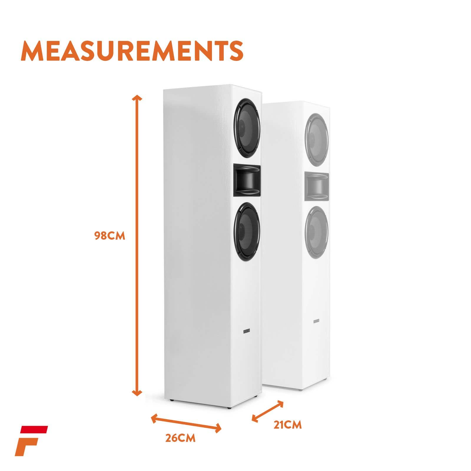Altavoces blancos: 98cm alto, 26cm ancho, 21cm profundo.