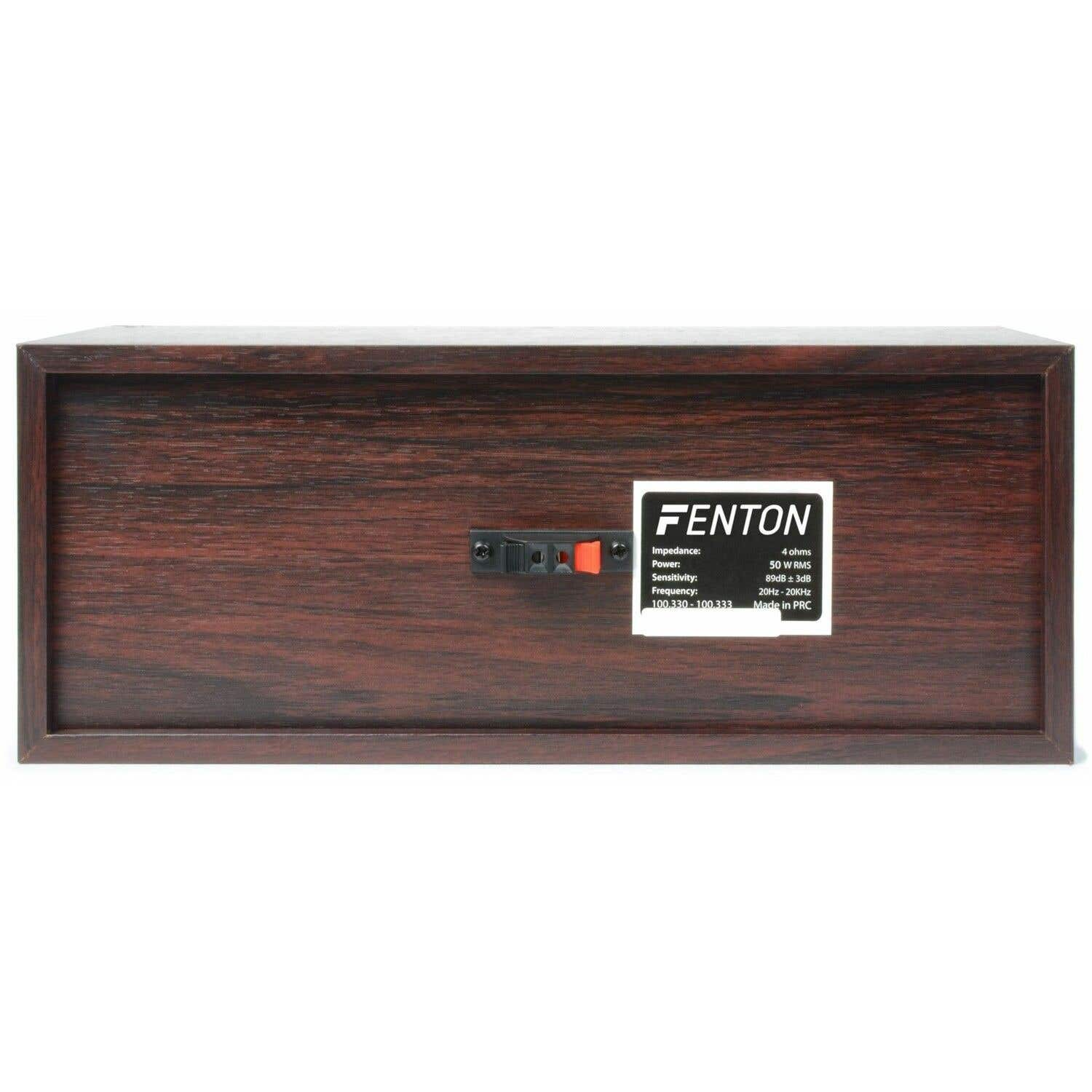 Un altavoz marrón con logo FENTON y especificaciones técnicas.