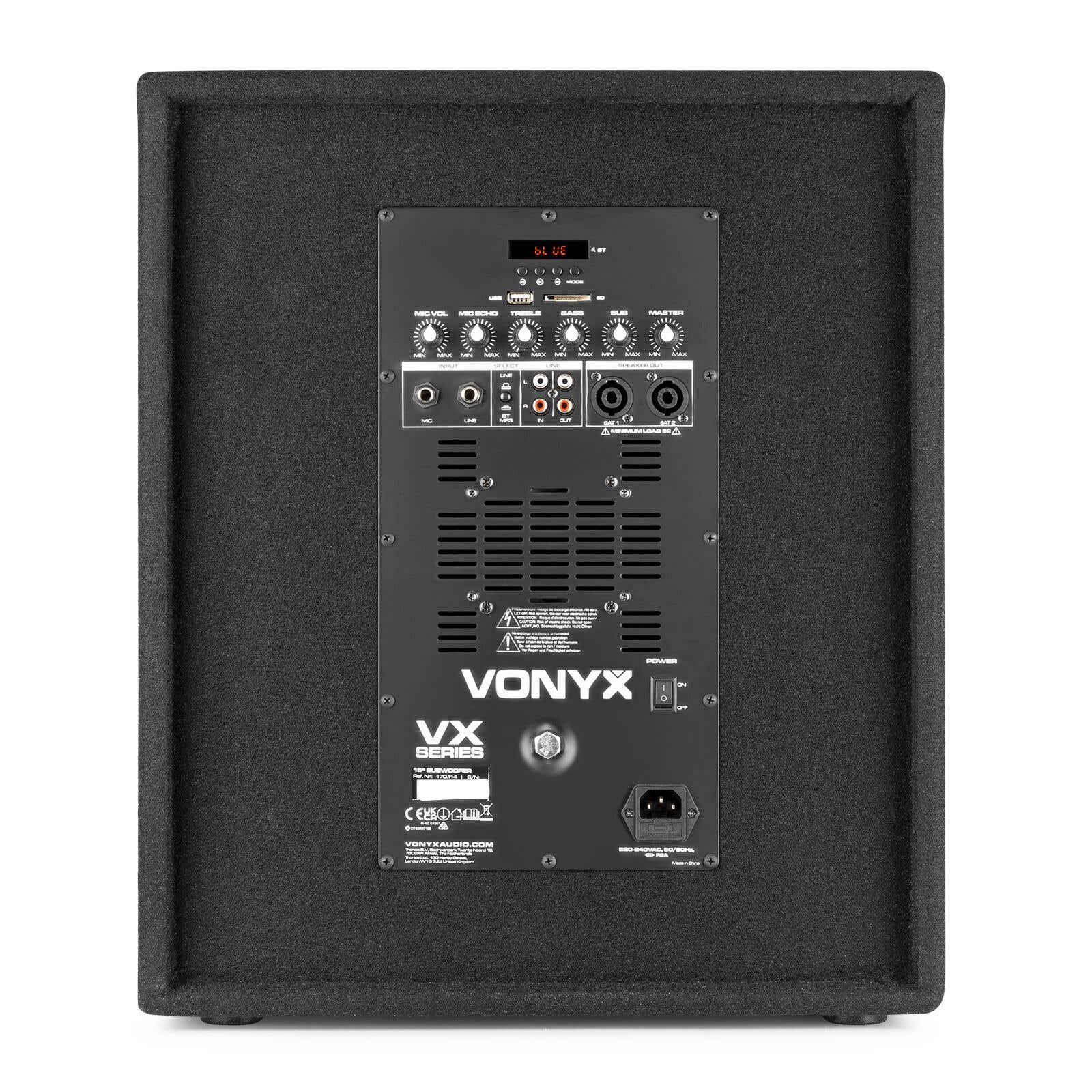 Parte trasera de un subwoofer negro con puertos, perillas y logo VONYX.