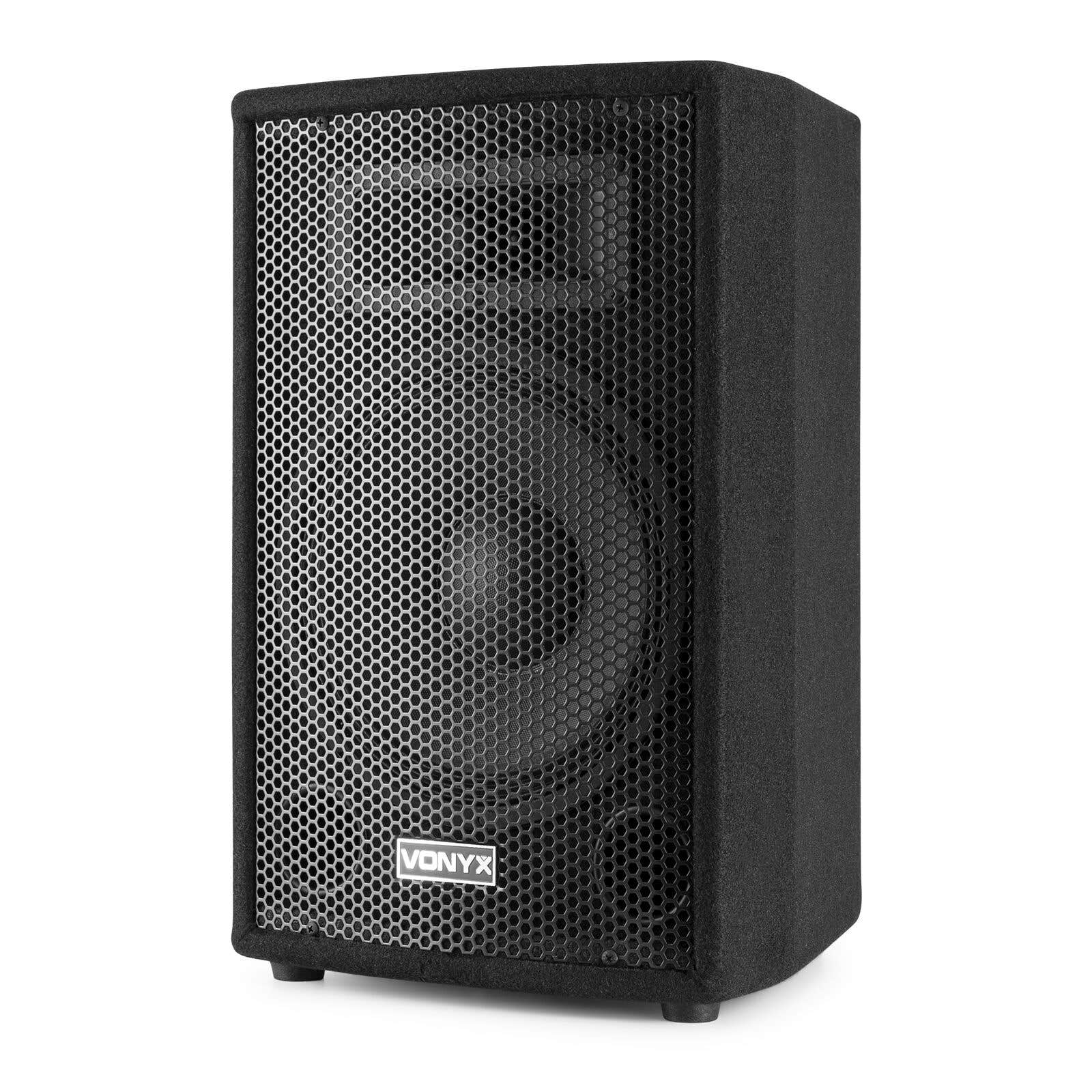 Altavoz negro con rejilla plateada y logo VONYX.