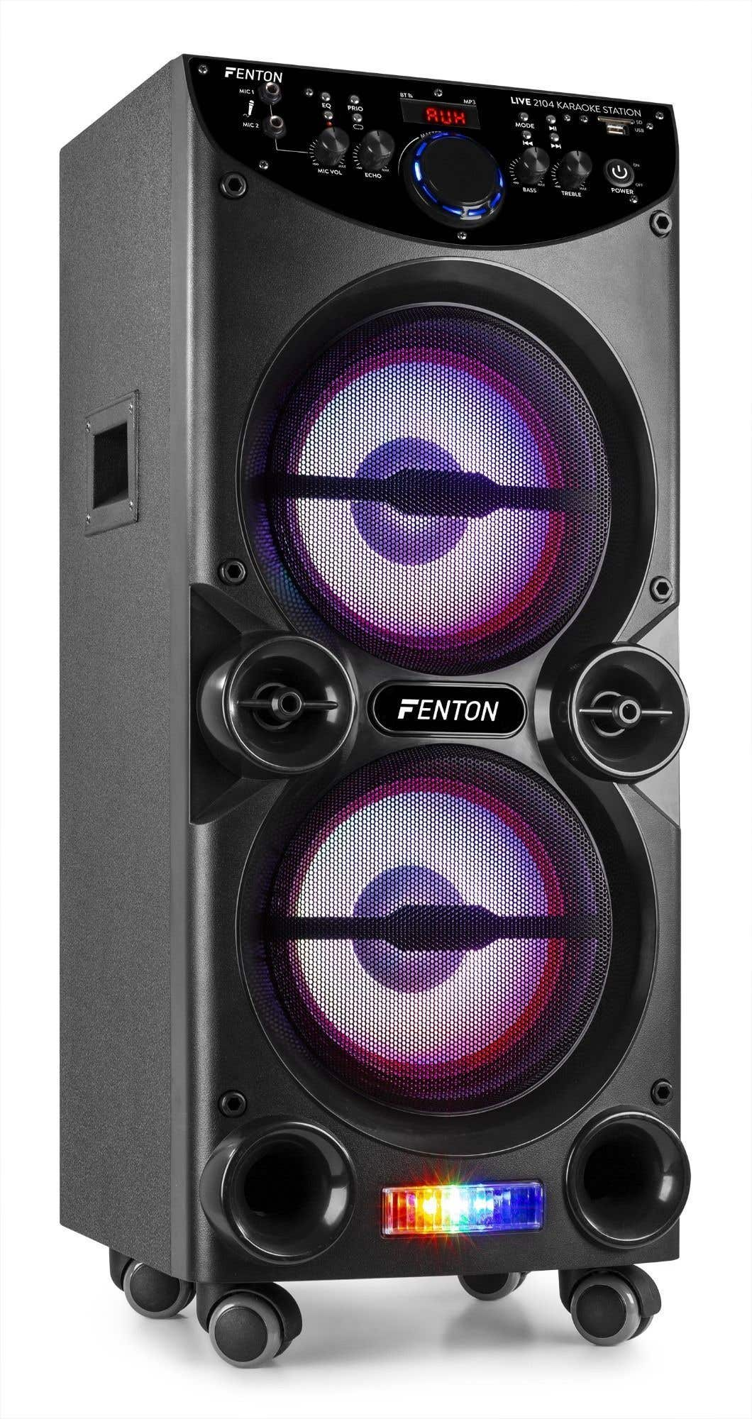 Altavoz de karaoke Fenton negro con luces y controles.