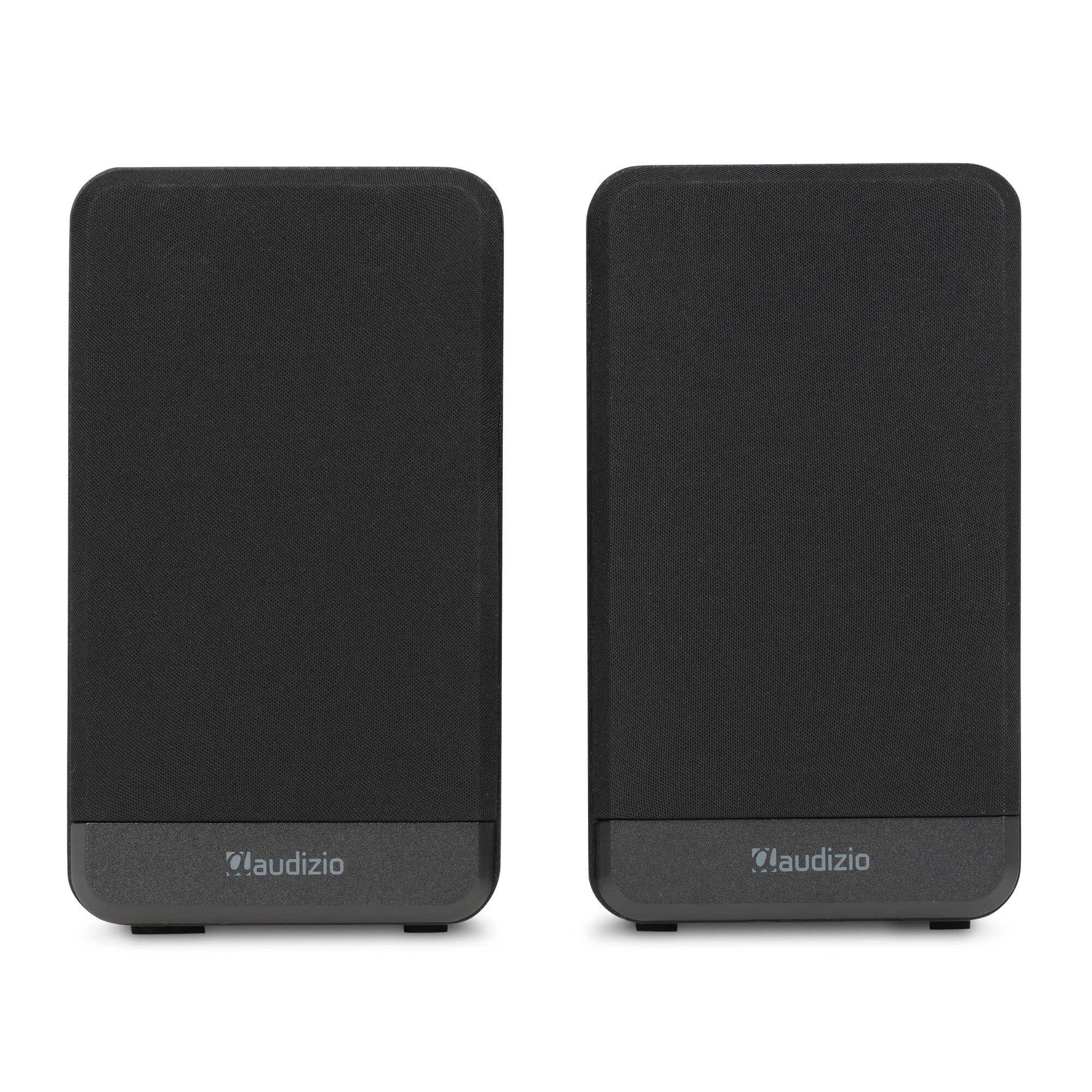 Dos altavoces negros con logo gris sobre fondo blanco.