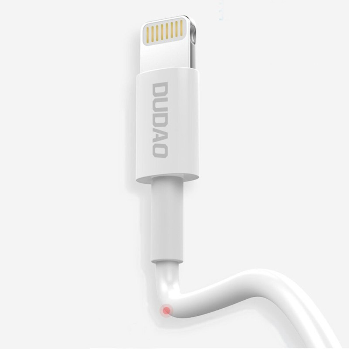 Un cavo di ricarica bianco con connettore Lightning e nome del marchio DUDAO.