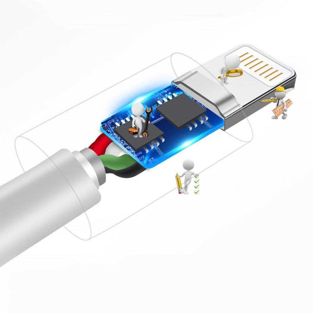 Piccole figure riparano un circuito di cavo Lightning con attrezzi.