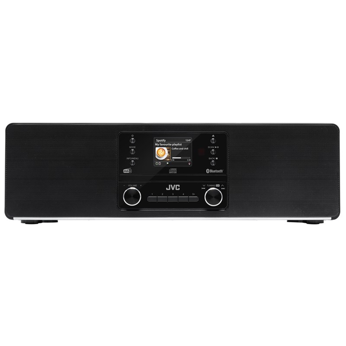 Czarny system hi-fi JVC z odtwarzaczem CD, radiem i Bluetooth.
