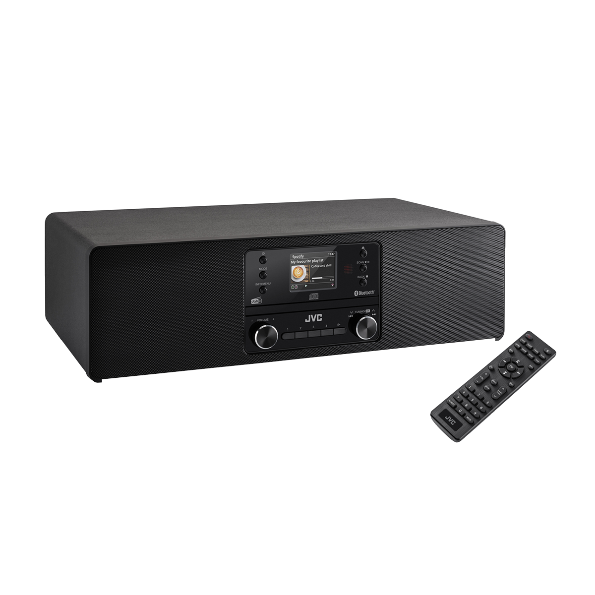 Czarny zestaw stereo JVC z pilotem, odtwarza Spotify.