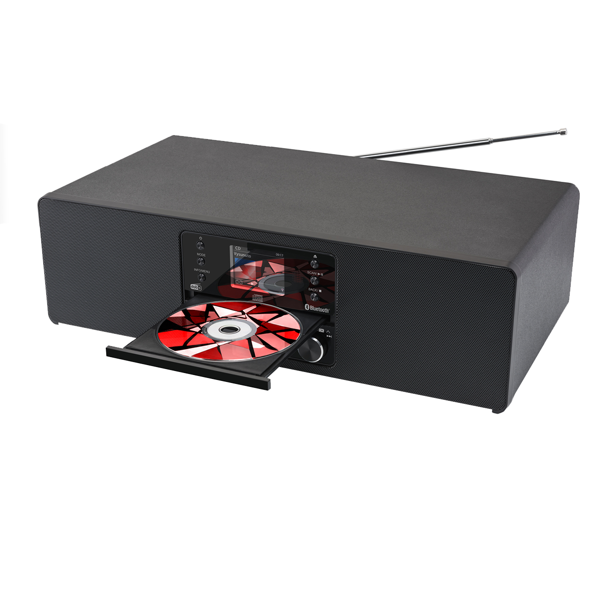Czarno-radio CD z wysuniętą tacką i włożoną płytą CD.