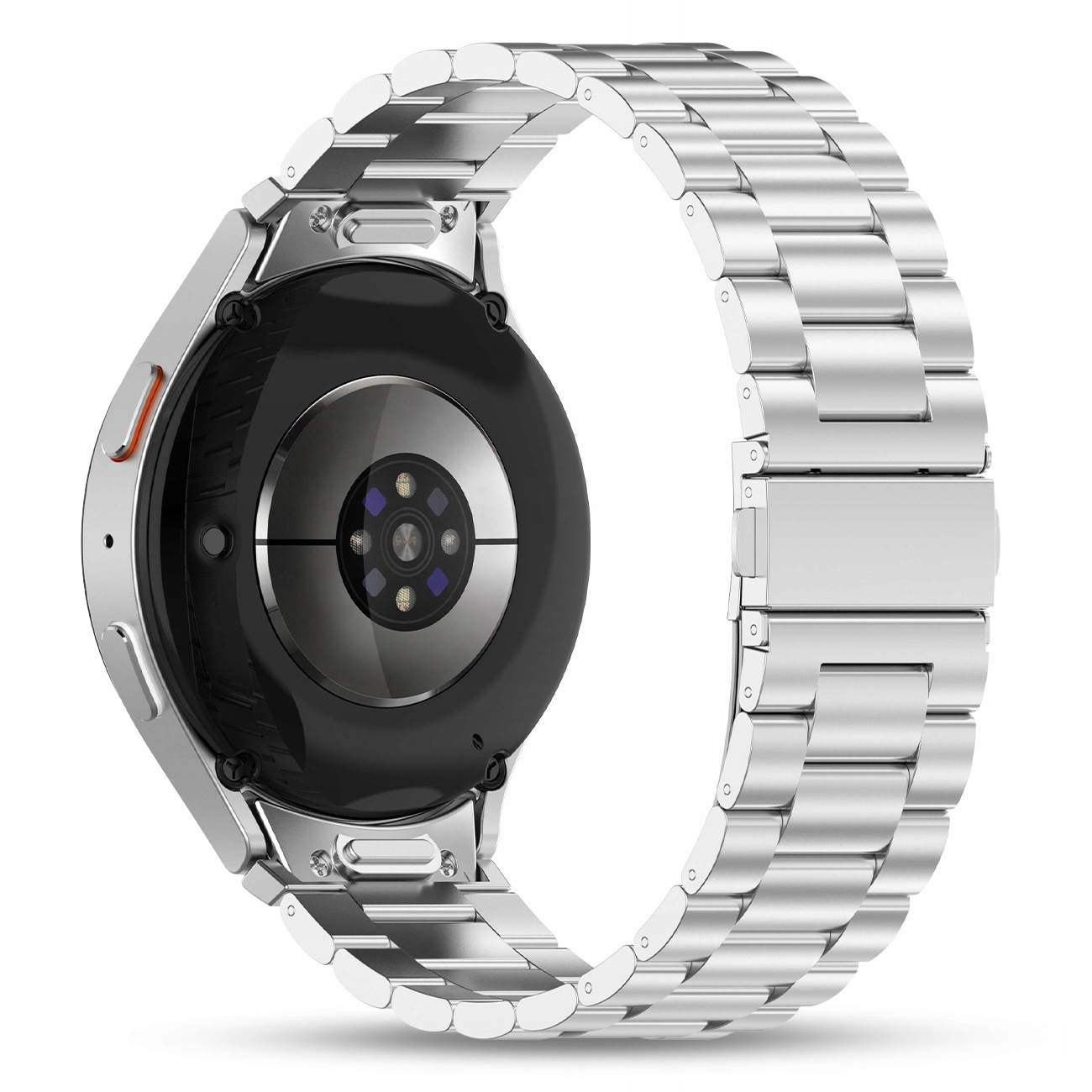Srebrny smartwatch z metalową bransoletą i czujnikiem tętna, widok od tyłu.