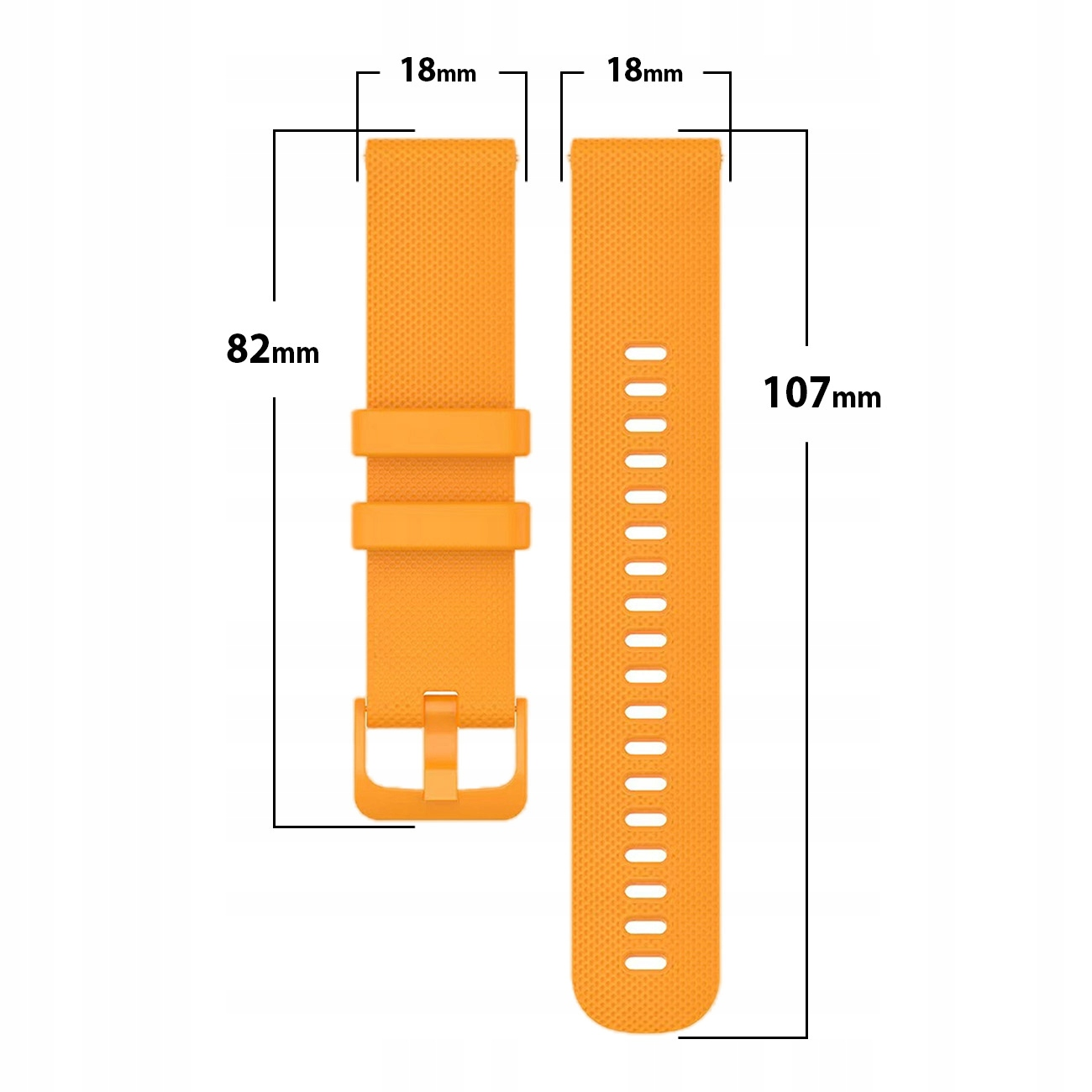 Dwa pomarańczowe paski do zegarka o szerokości 18 mm, długości 82 mm i 107 mm.