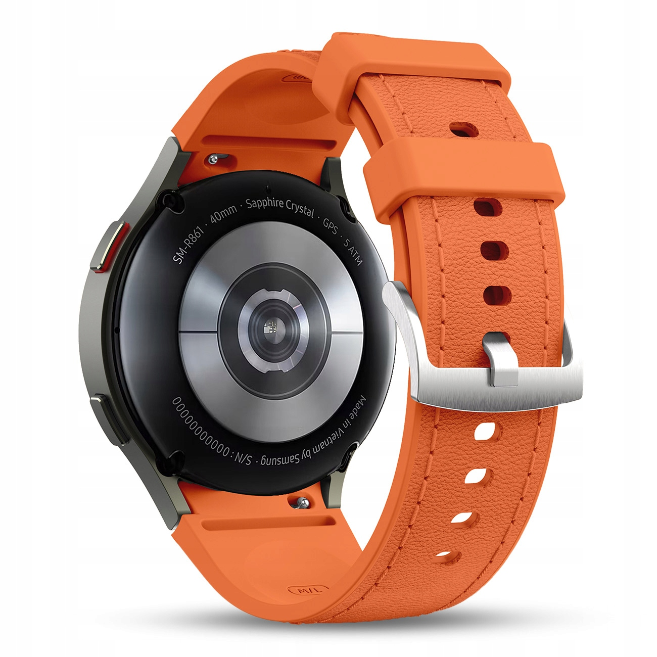 Pomarańczowy smartwatch z metalową klamrą i widocznymi stykami ładowania z tyłu.