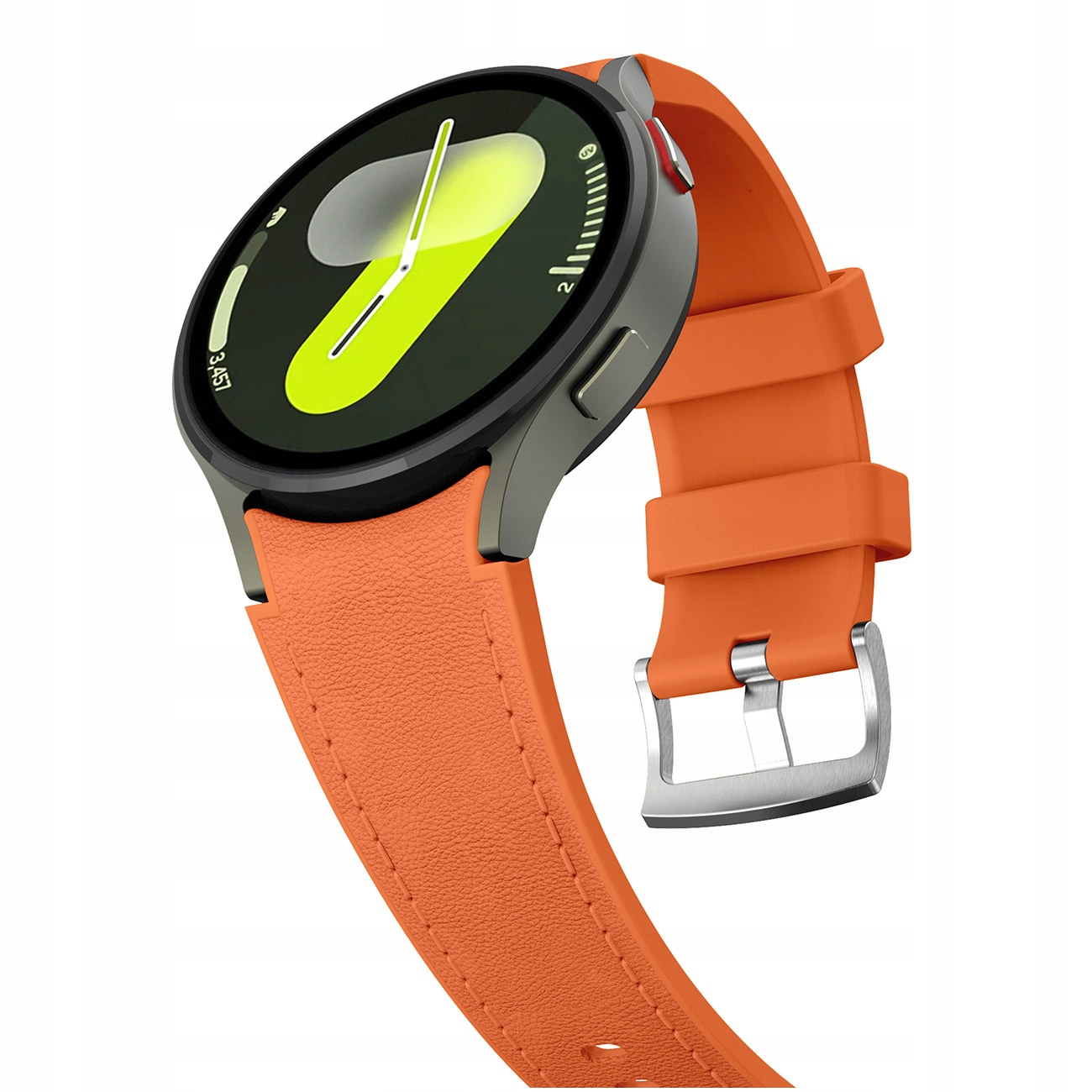 Pomarańczowy smartwatch z szarą obudową i srebrną klamrą na białym tle.