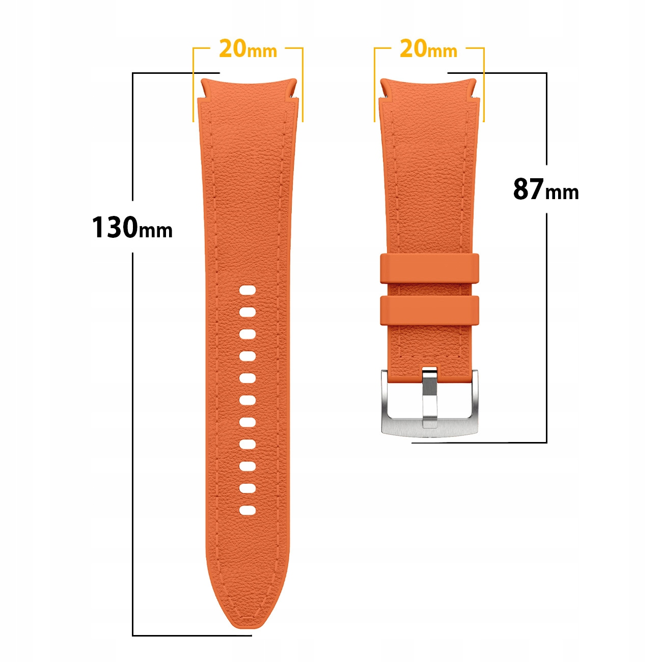 Dwa pomarańczowe paski do zegarka z wymiarami. Jeden 130mm, drugi 87mm.